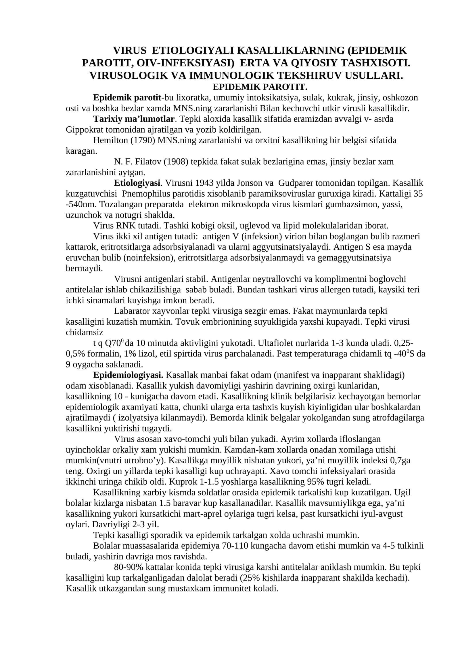 VIRUS ETIOLOGIYALI KASALLIKLARNING (EPIDEMIK PAROTIT, OIV-INFEKSIYASI) ERTA VA QIYOSIY TASHXISOTI 1