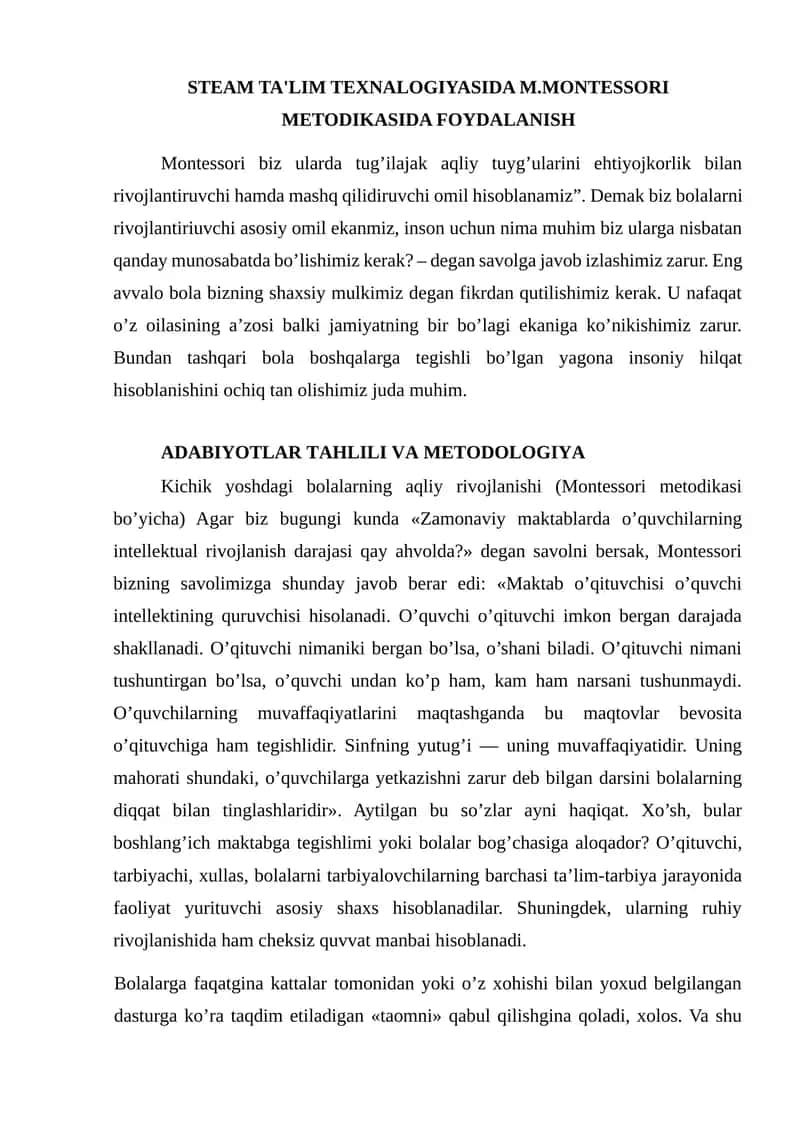 STEAM TA'LIM TEXNALOGIYASIDA M.MONTESSORI METODIKASIDA FOYDALANISH 1