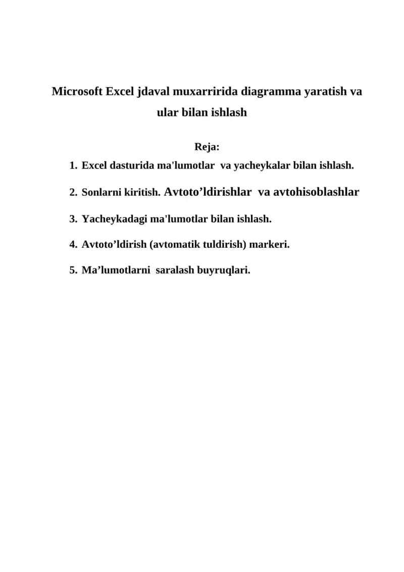 Micrоsоft Excel jdaval muxarririda diagramma yaratish va ular bilan ishlash