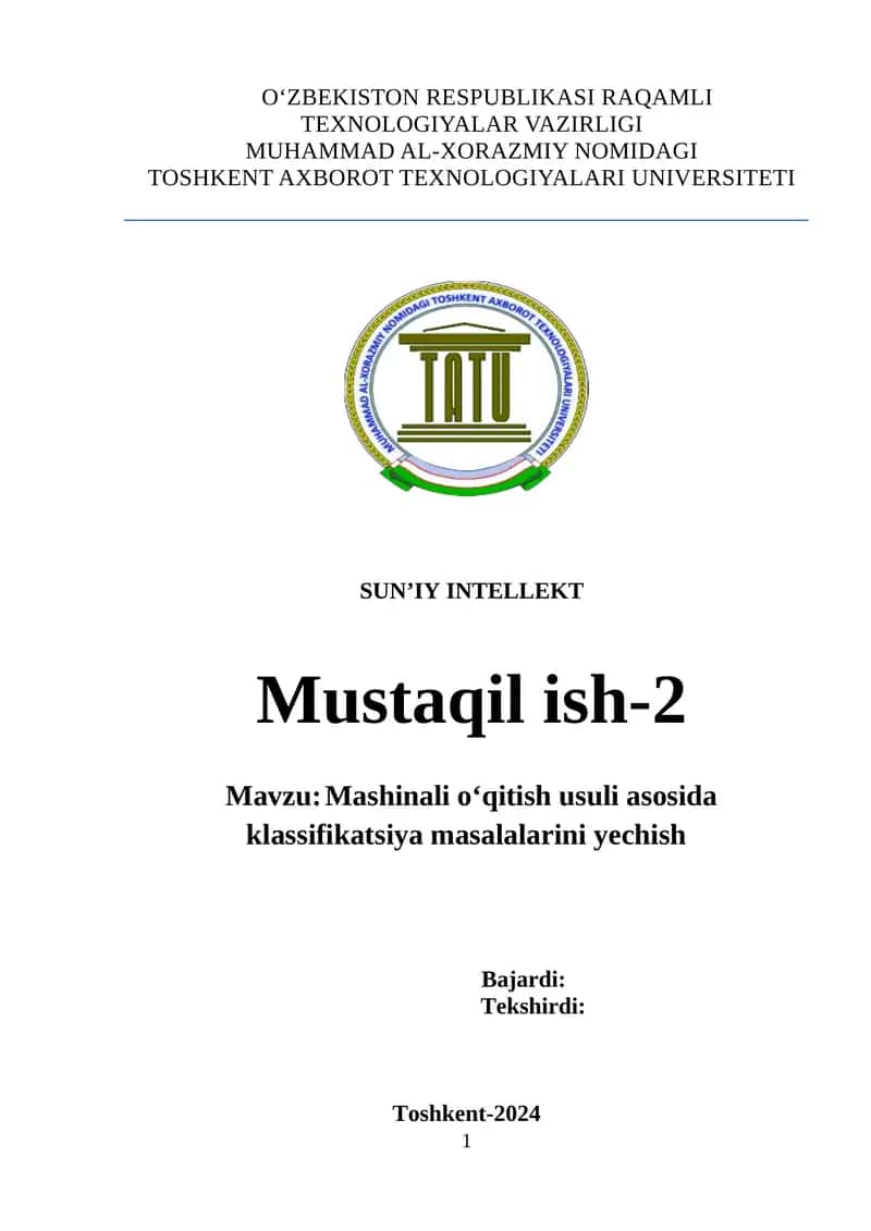 Mashinali o‘qitish usuli asosida klassifikatsiya masalalarini yechish 1
