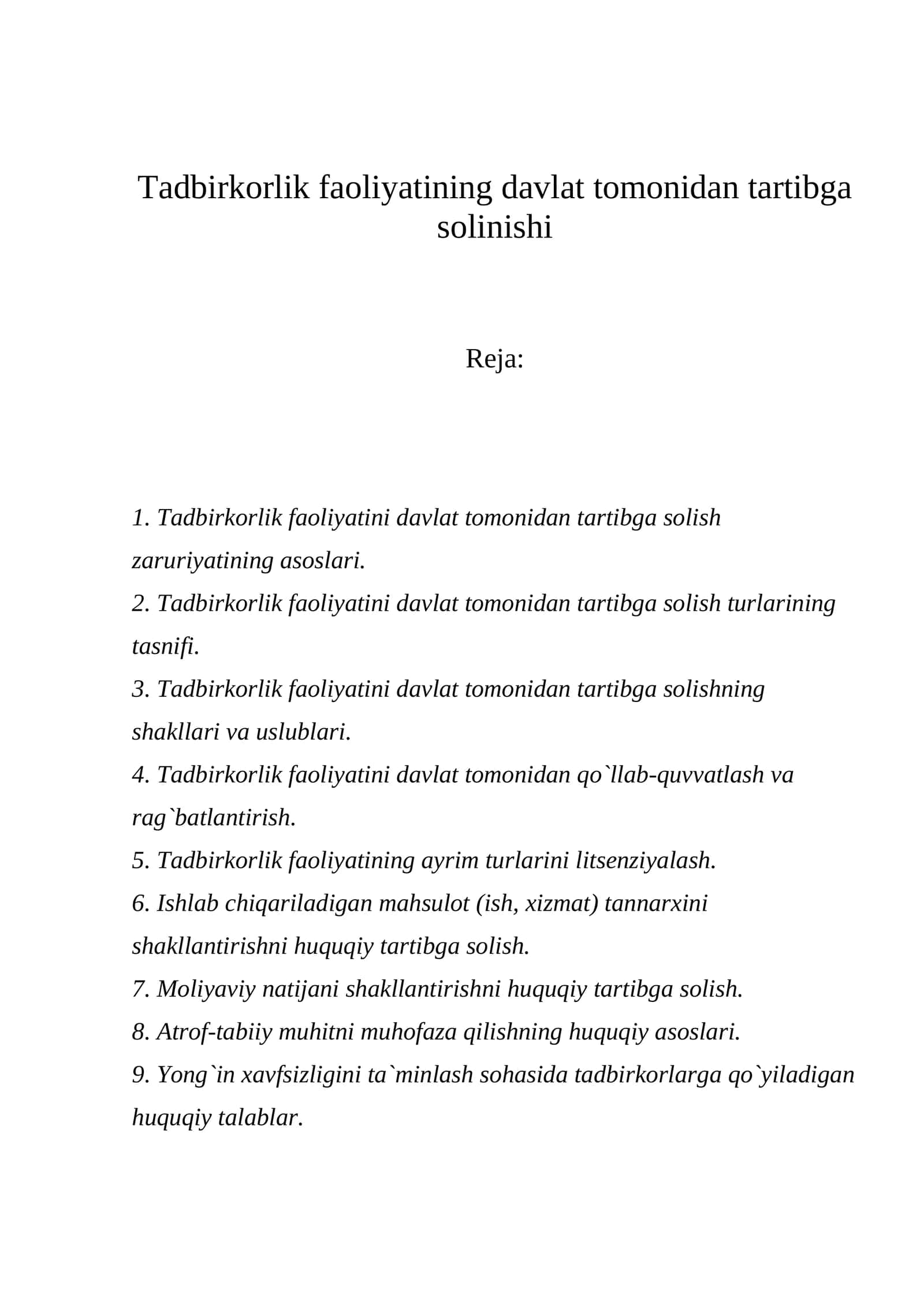 Tadbirkorlik faoliyatining davlat tomonidan tartibga solinishi 1