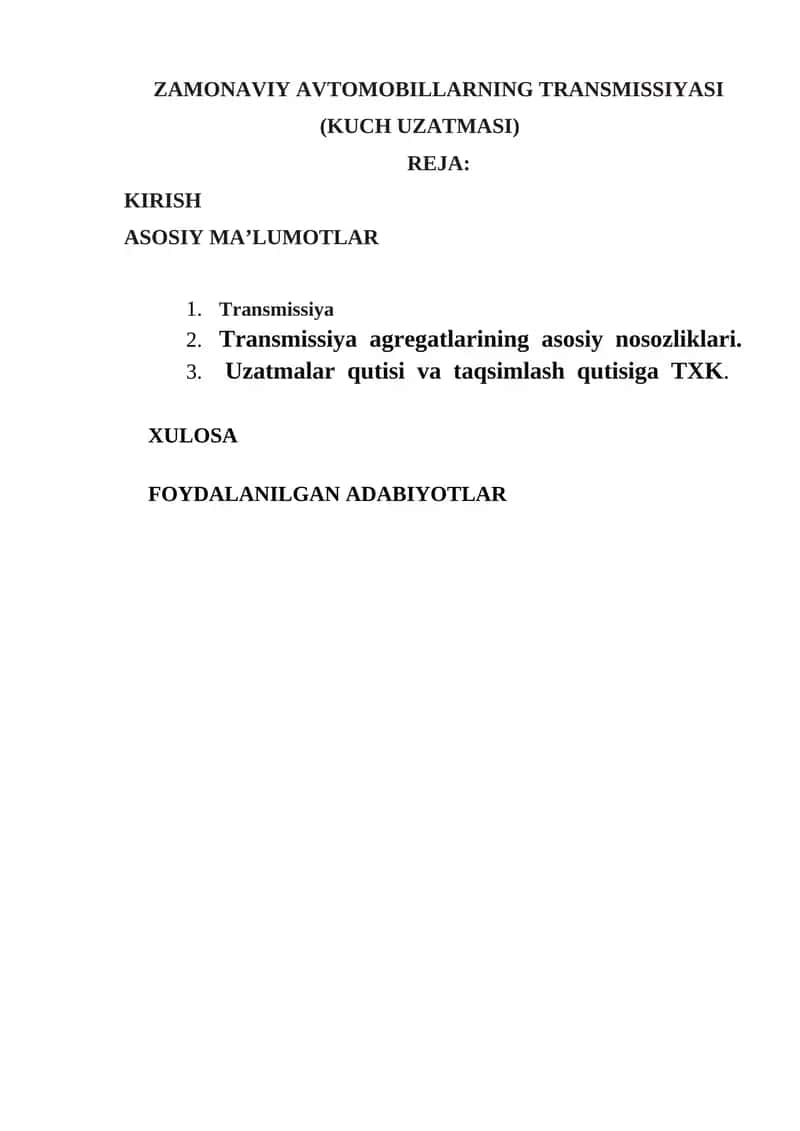ZAMONAVIY AVTOMOBILLARNING TRANSMISSIYASI (KUCH UZATMASI) 1