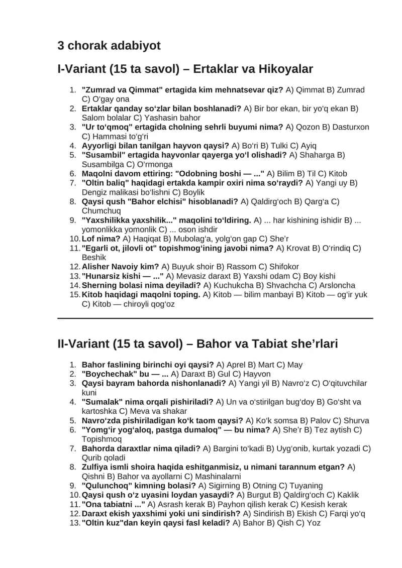 3 chorak adabiyot yakuniy test 1