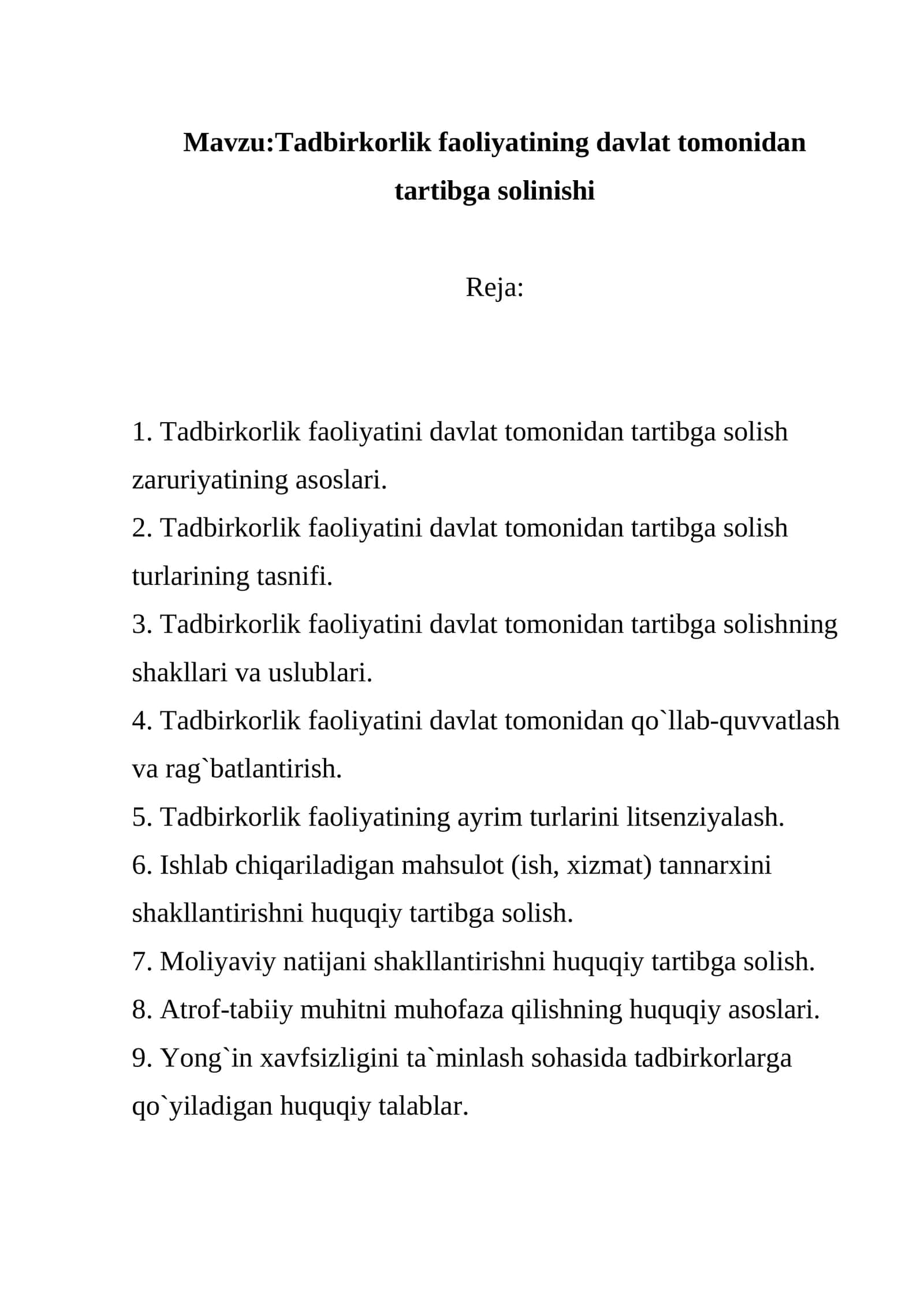 Tadbirkorlik faoliyatining davlat tomonidan tartibga solinishi 1