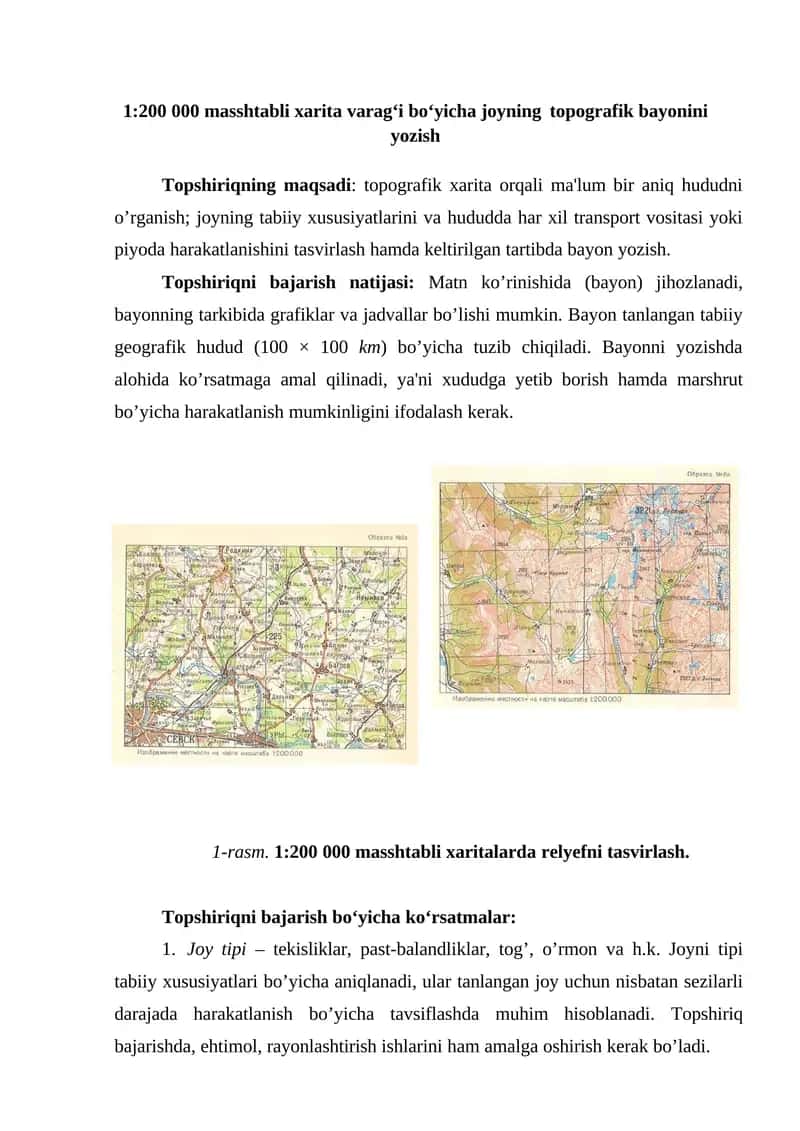 1:200 000 masshtabli xarita varag‘i bo‘yicha joyning topografik bayonini yozish 1