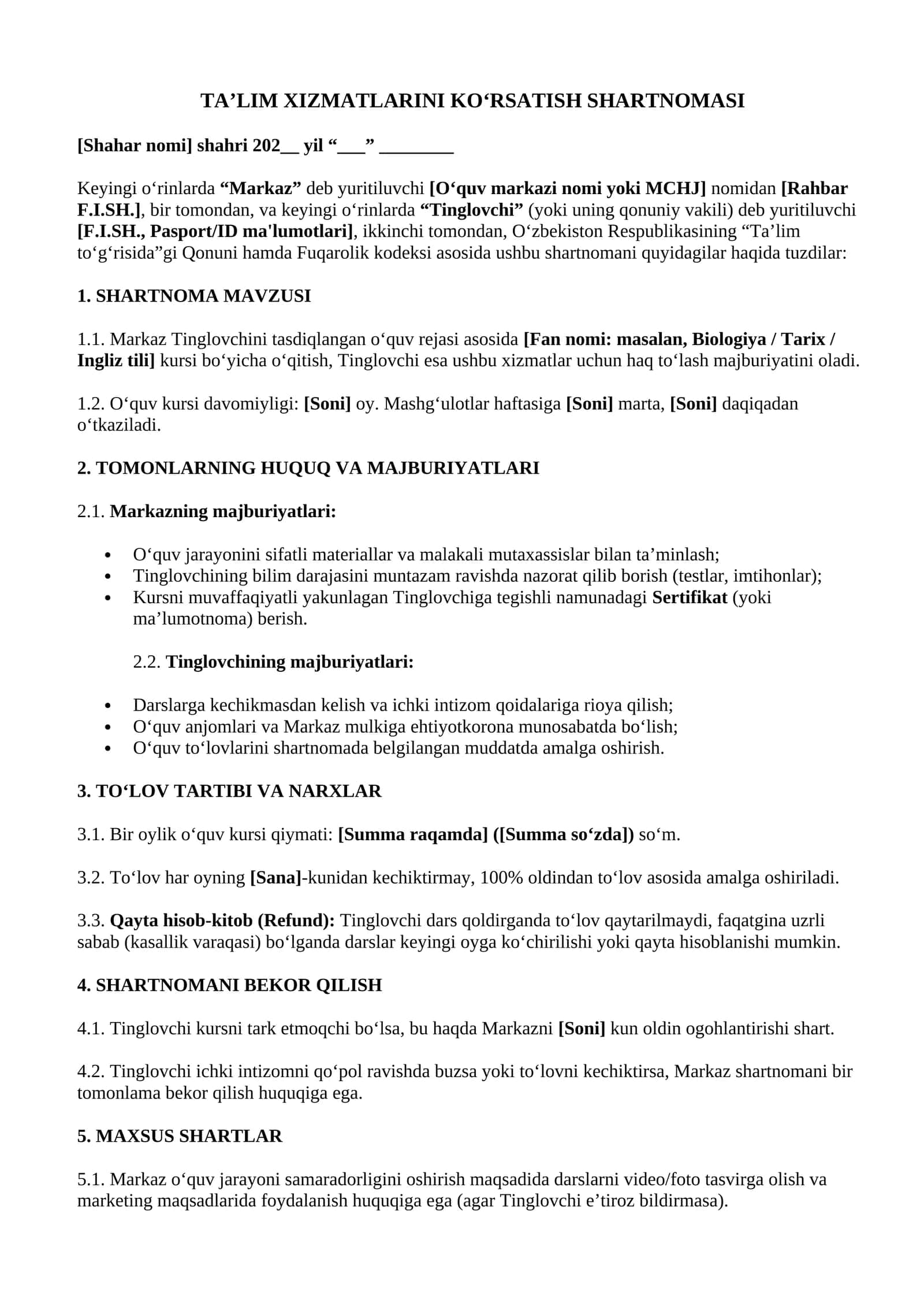 TA’LIM XIZMATLARINI KO‘RSATISH SHARTNOMASI 1