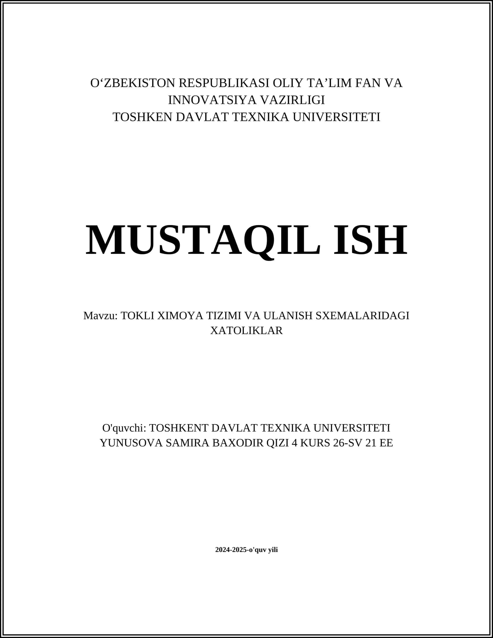 TOKLI XIMOYA TIZIMI VA ULANISH SXEMALARIDAGI XATOLIKLAR 1