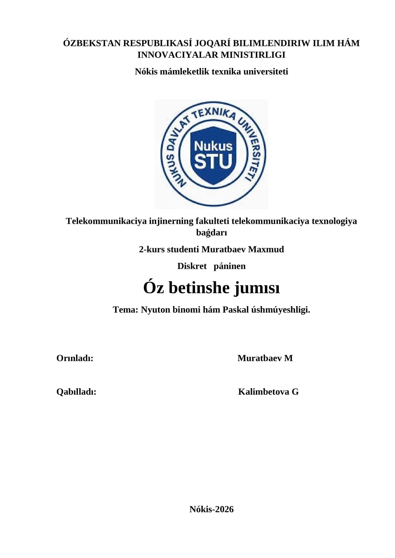 Nyuton binomi hám Paskal úshmúyeshligi 1