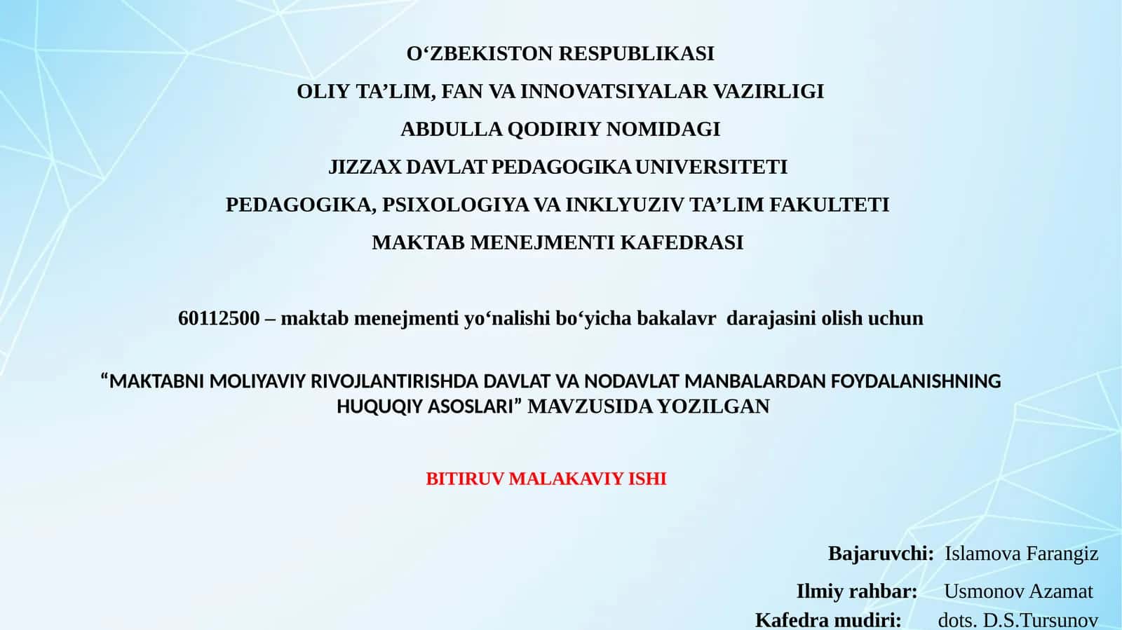 "MAKTABNI MOLIYAVIY RIVOJLANTIRISHDA DAVLAT VA NODAVLAT MANBALARDAN FOYDALANISHNING HUQUQIY ASOSLARI" 1