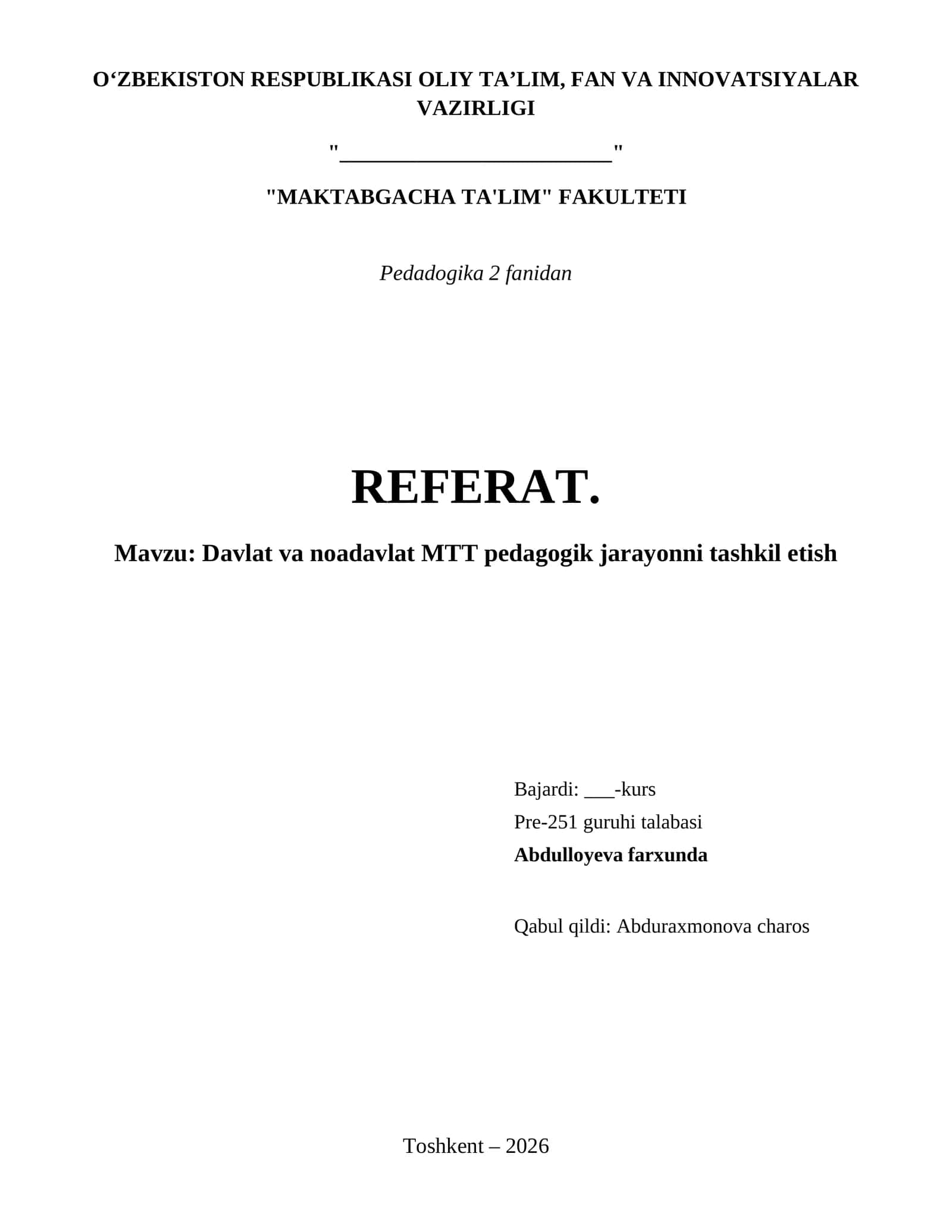 Davlat va noadavlat MTT pedagogik jarayonni tashkil etish 1