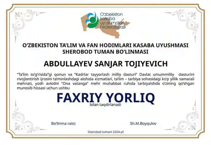 Kasaba uyushma uchun faxriy yorliq