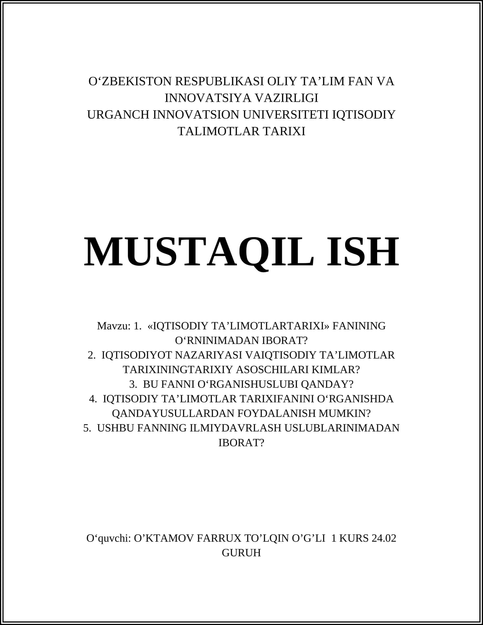 IQTISODIY TA’LIMOTLAR TARIXI 1