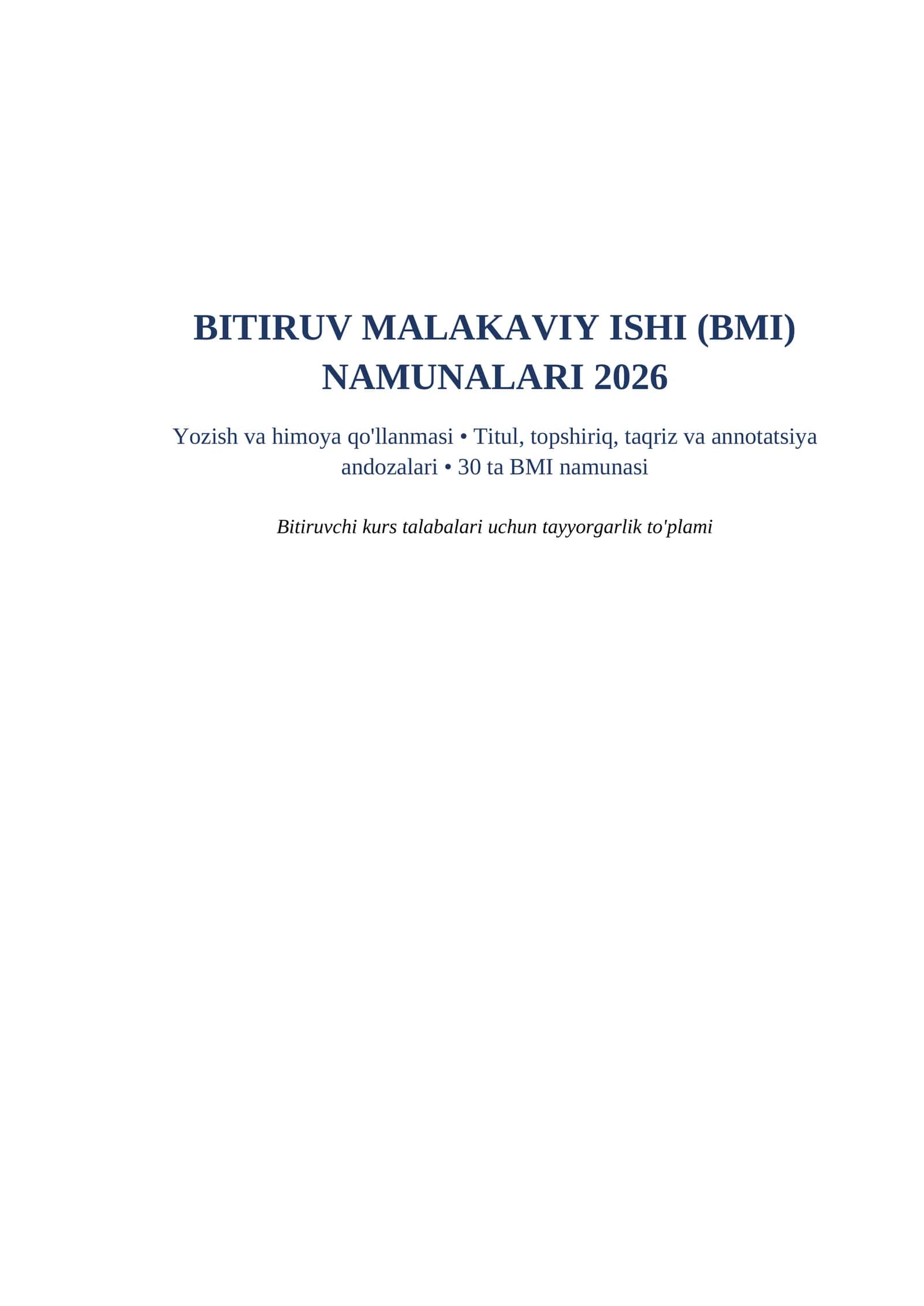 BMI bitiruv malakaviy ishi namunalari 2026 word titul varagi himoya nutqi bilan tayyorgarlik toplami 1