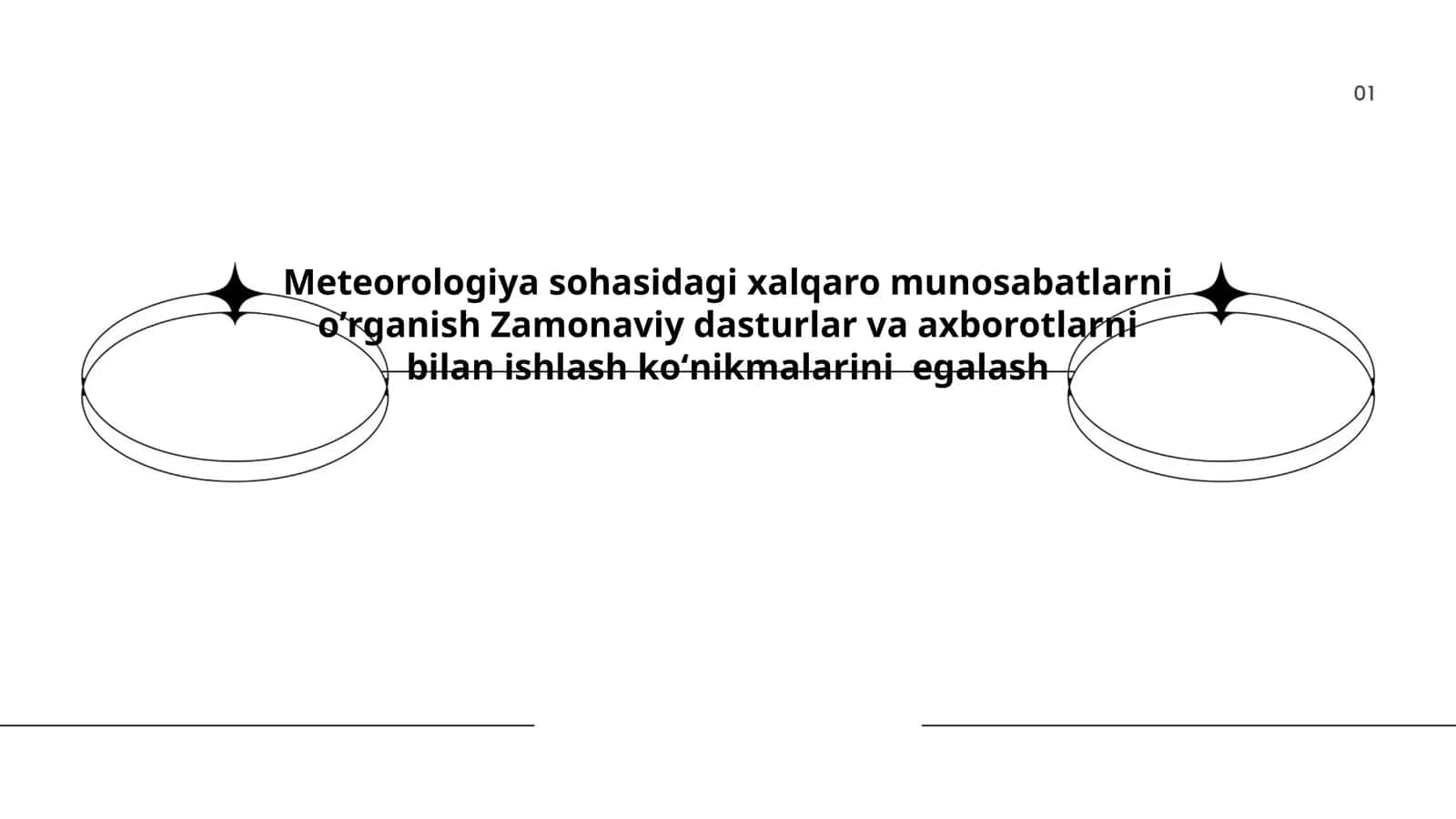 Meteorologiya sohasidagi xalqaro munosabatlarni oʼrganish Zamonaviy dasturlar va axborotlarni bilan ishlash koʻnikmalarini egalash 1