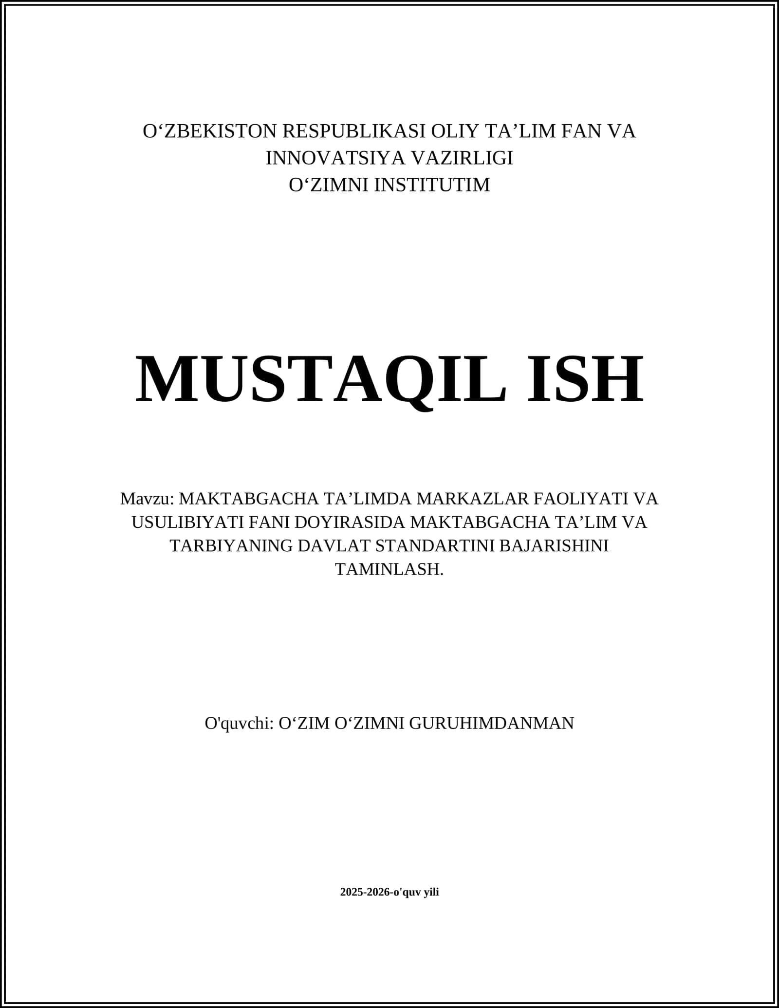 MAKTABGACHA TAʼLIMDA MARKAZLAR FAOLIYATI VA USULIBIYATI FANI DOYIRASIDA MAKTABGACHA TAʼLIM VA TARBIYANING DAVLAT STANDARTINI BAJARISHINI TAMINLASH 1