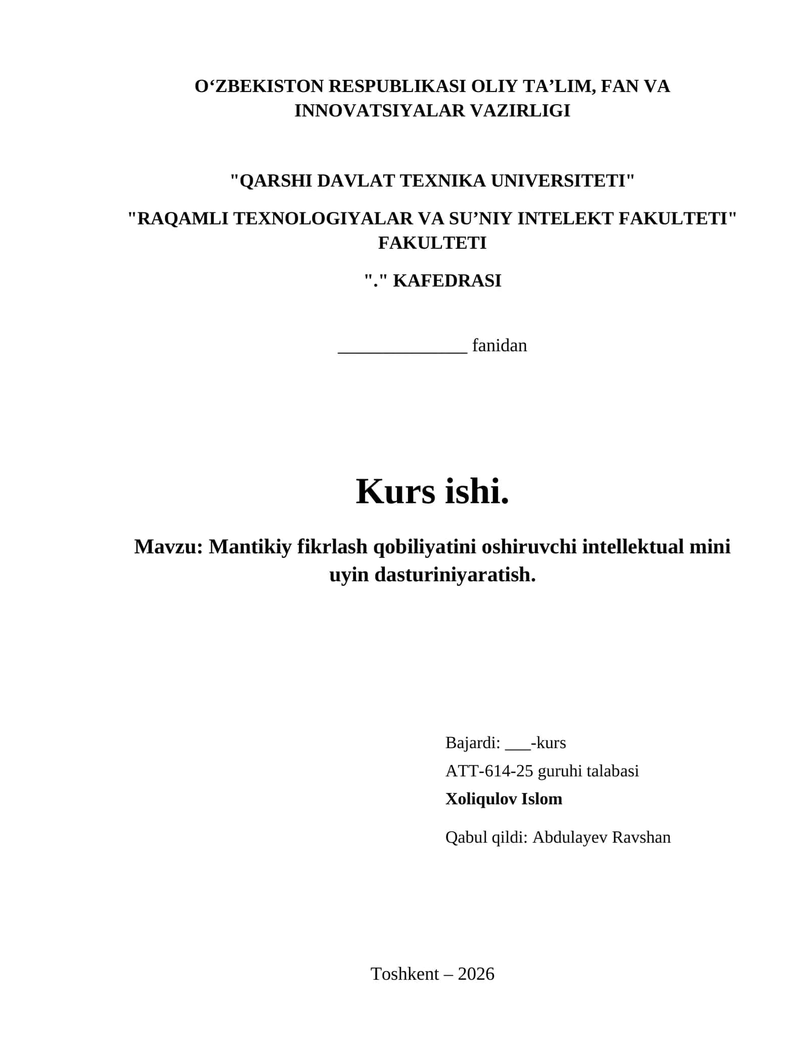 Mantikiy fikrlash qobiliyatini oshiruvchi intellektual mini uyin dasturiniyaratish. 1