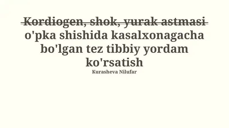 Kardiogen shok, yurak astmasi va o'pka shishida kasalxonagacha bo'lgan tez tibbiy yordam ko'rsatish 1
