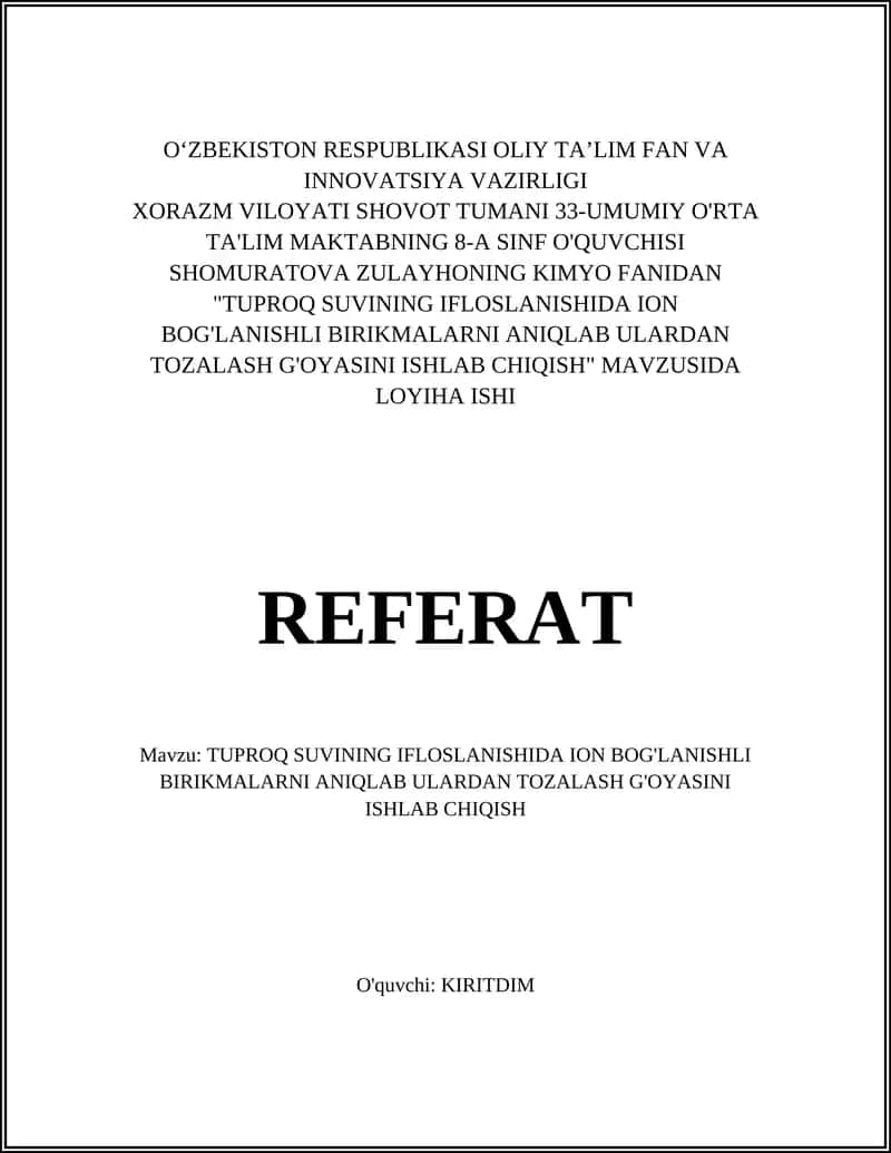TUPROQ SUVINING IFLOSLANISHIDA ION BOG'LANISHLI BIRIKMALARNI ANIQLAB ULARDAN TOZALASH G'OYASINI ISHLAB CHIQISH 1