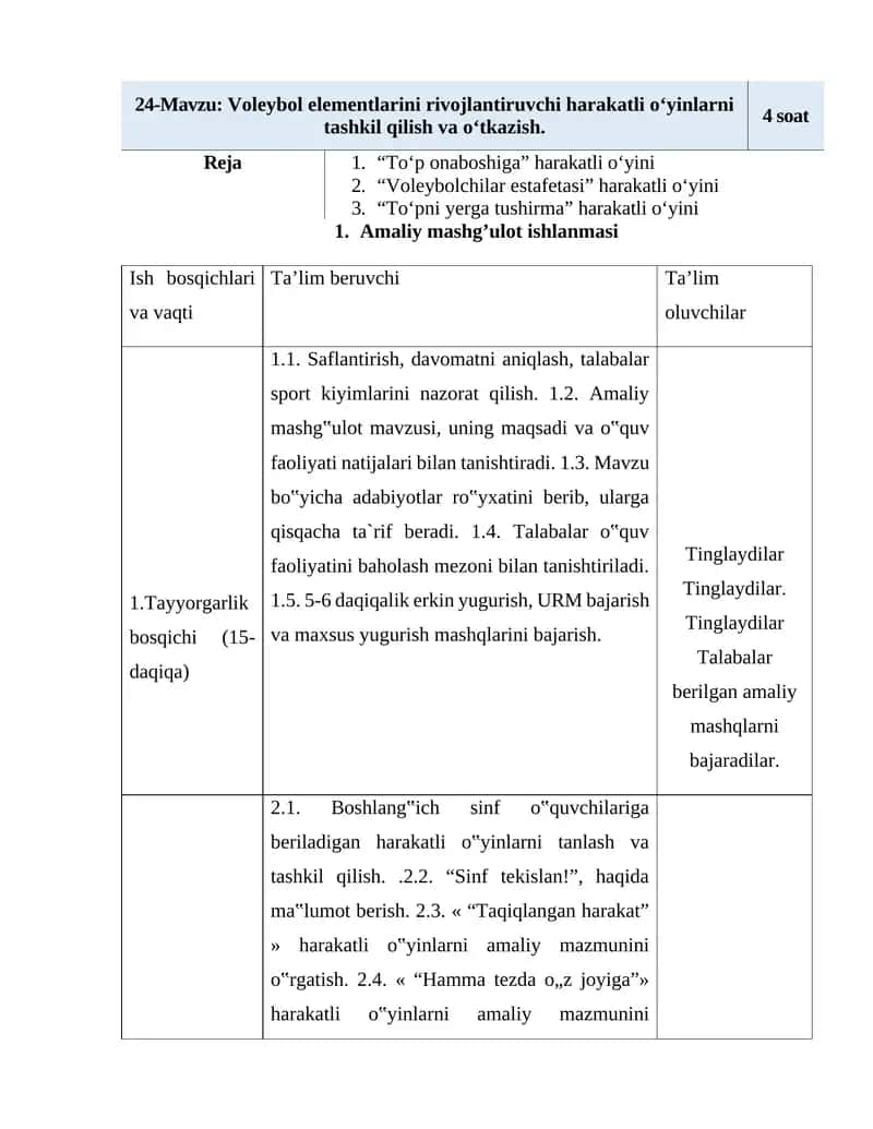 Voleybol elementlarini rivojlantiruvchi harakatli o‘yinlarni tashkil qilish va o‘tkazish 1