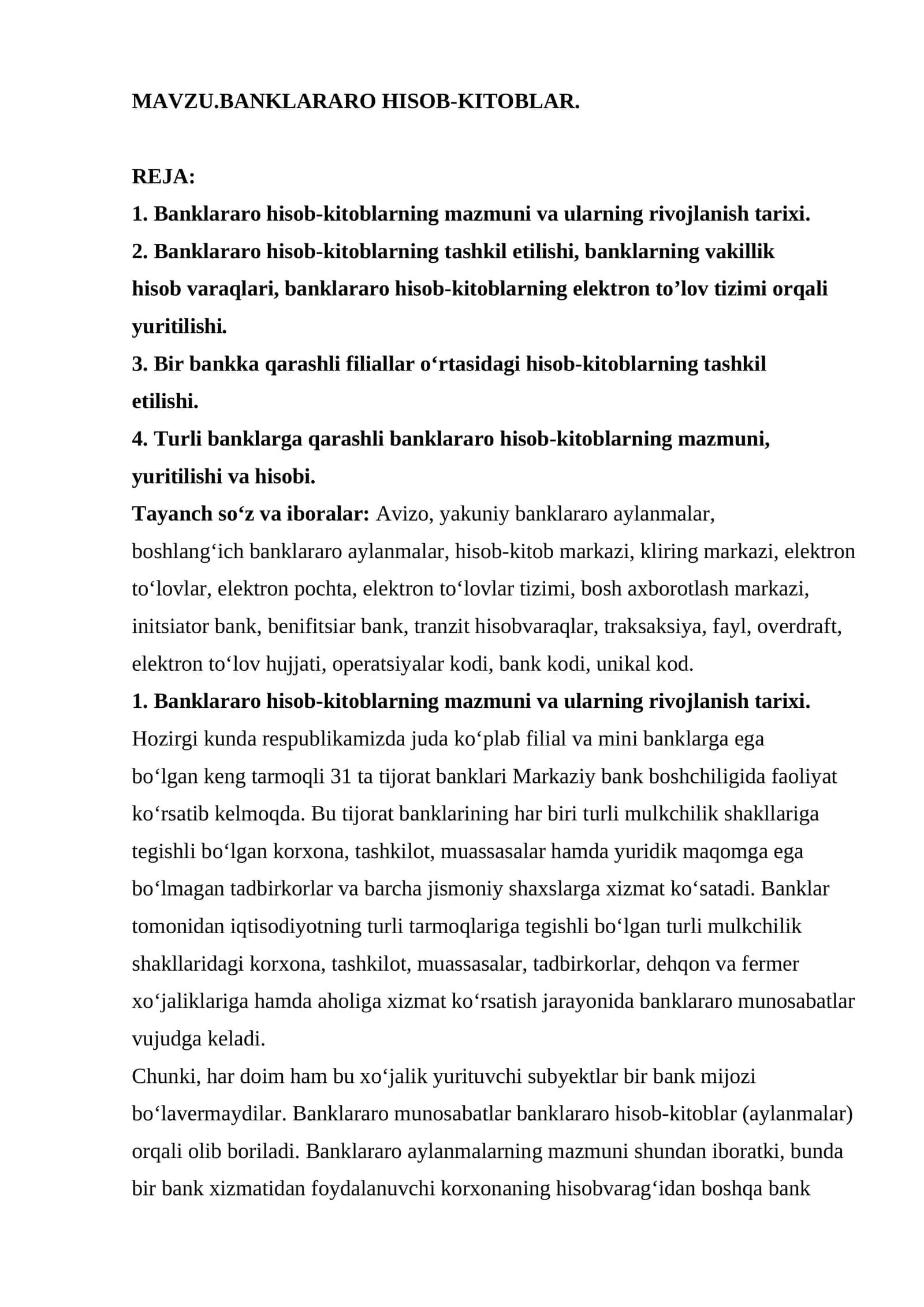 BANKLARARO HISOB-KITOBLAR 1