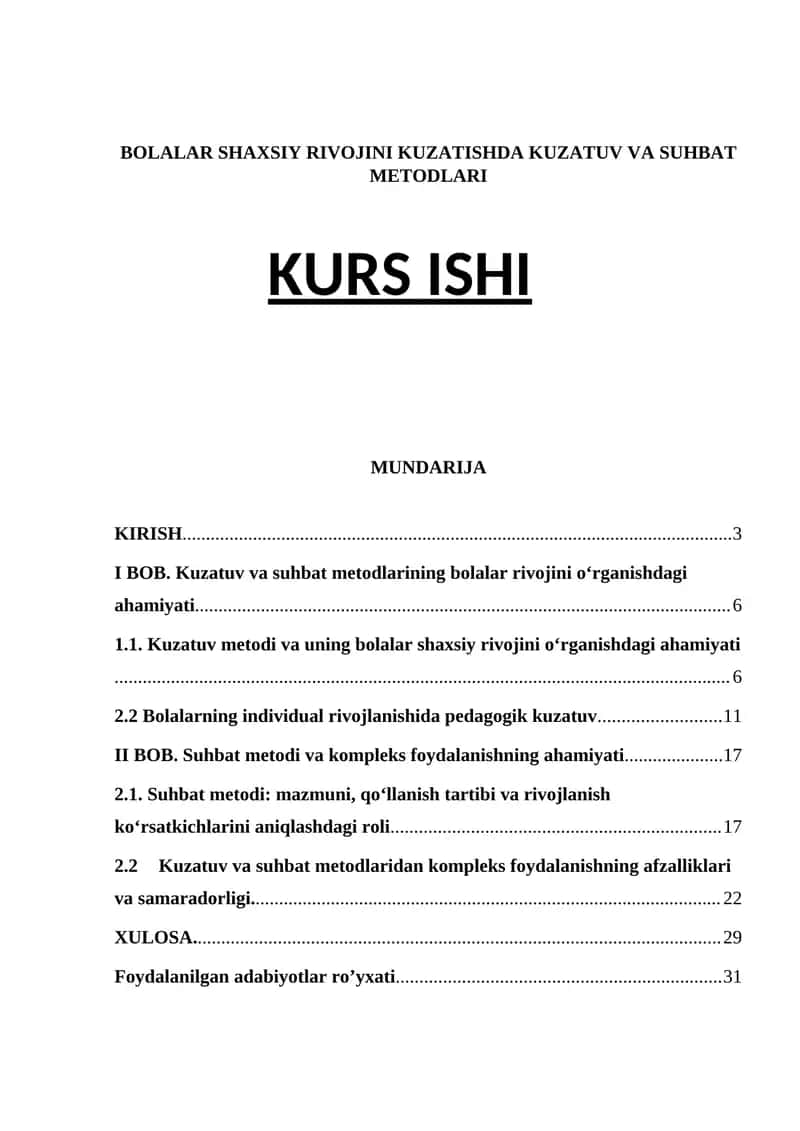 BOLALAR SHAXSIY RIVOJINI KUZATISHDA KUZATUV VA SUHBAT METODLARI KURS ISHI 1