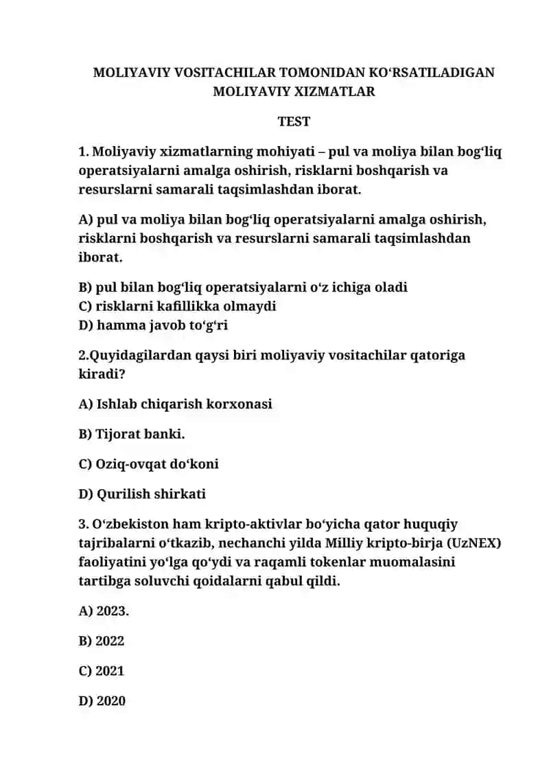 Moliyaviy xizmatlar(TEST)