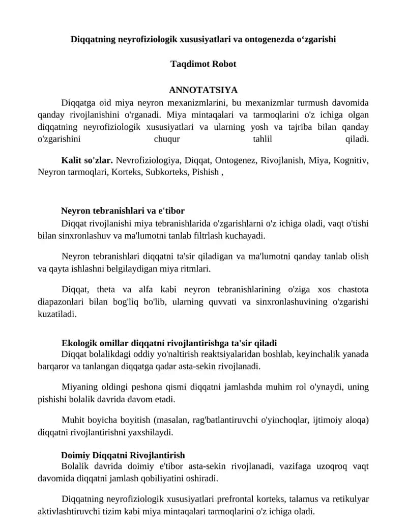 Diqqatning neyrofiziologik xususiyatlari va ontogenezda oʻzgarishi 1