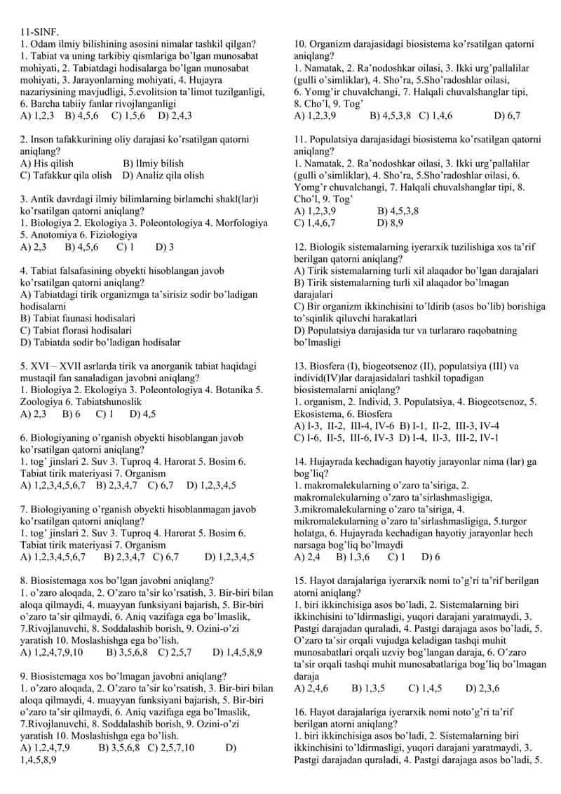11 sinf biologiya test 1