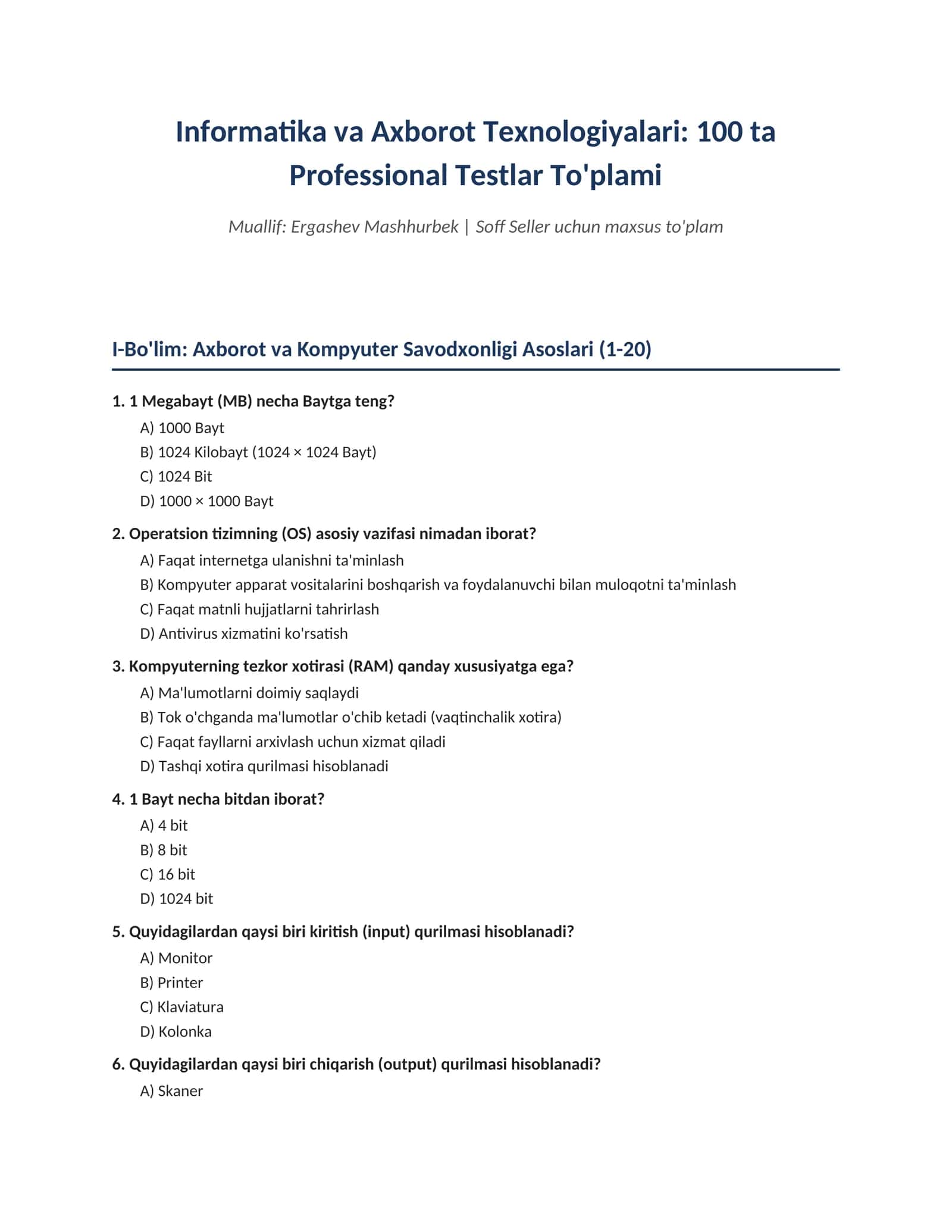 Informatika va Dasturlash Asoslari: Mantiq, Algoritm va AKT bo'yicha 100+ Professional Testlar To'plami (Javoblari bilan) 1