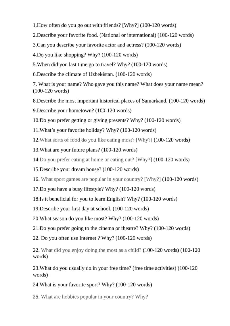 Final Exam questions (for speaking ) 1