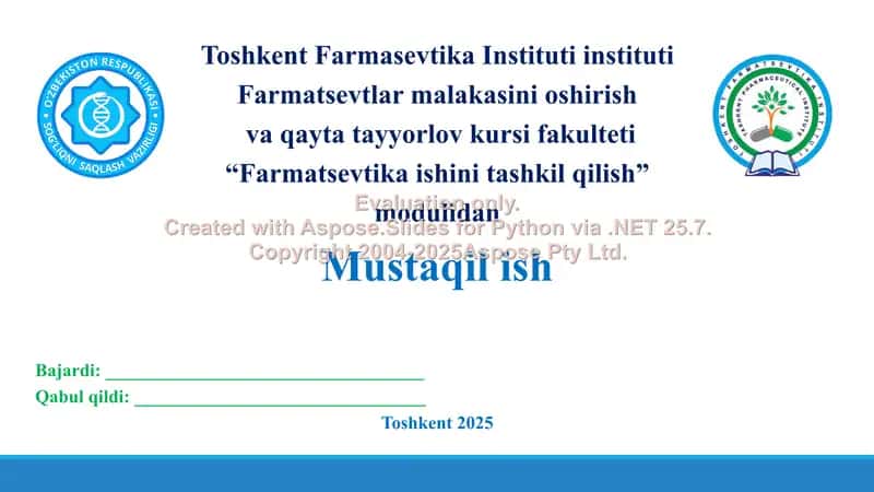 Dorixonalarda dori vositalarini tayyorlash ishlarini tashkil qilish. Retseptni taksirovka va ekspertiza qilish. Taqdimot 21 bet. 1
