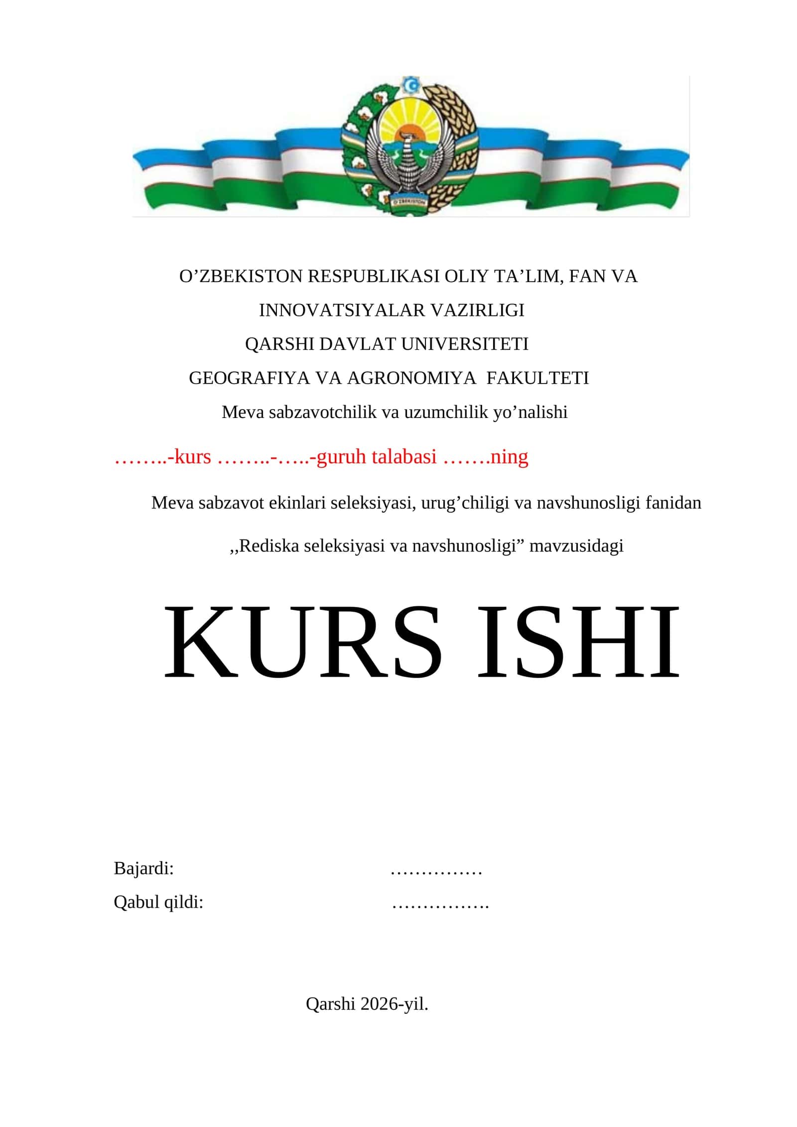 Rediska seleksiyasi va navshunosligi mavzusida tayyor kurs ishi 1