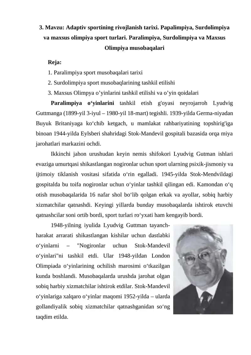 Adaptiv sportining rivojlanish tarixi. Papalimpiya, Surdolimpiya va maxsus olimpiya sport turlari. Paralimpiya, Surdolimpiya va Maxsus Olimpiya musobaqalari 1