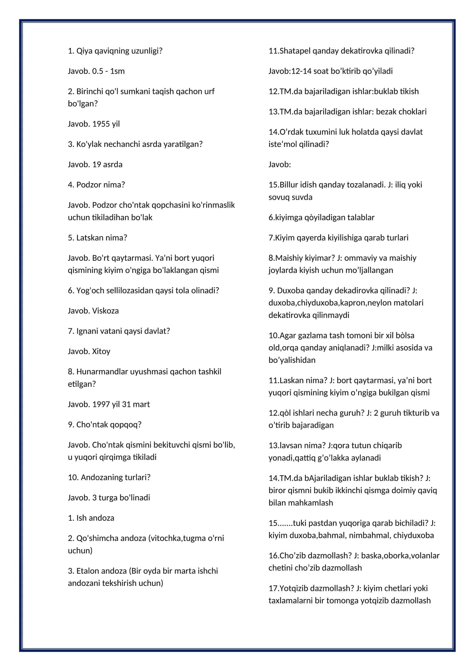 Texnologiya fanidan 200 talik test javoblari bilan 1