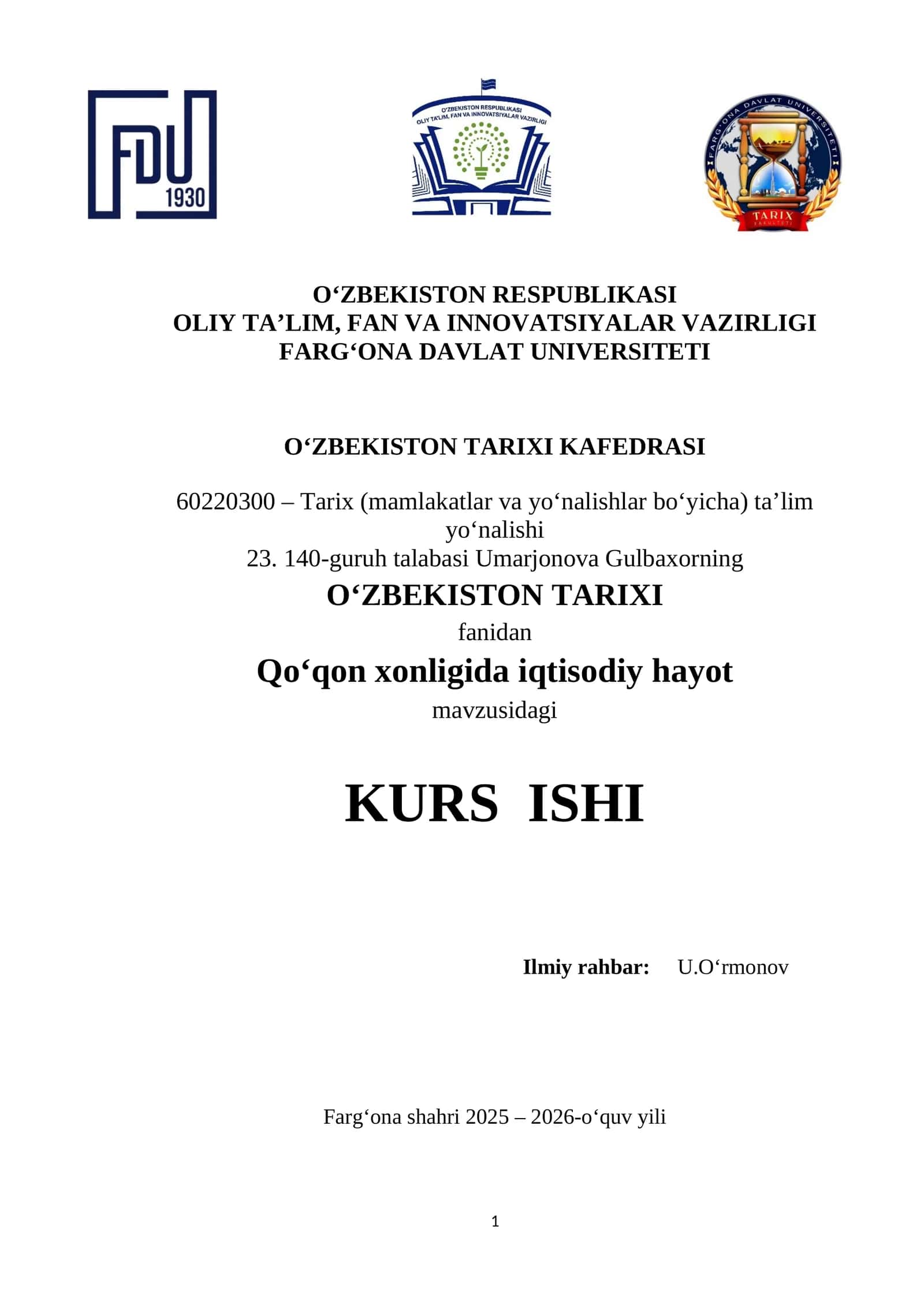O‘ZBEKISTON TARIXI 1