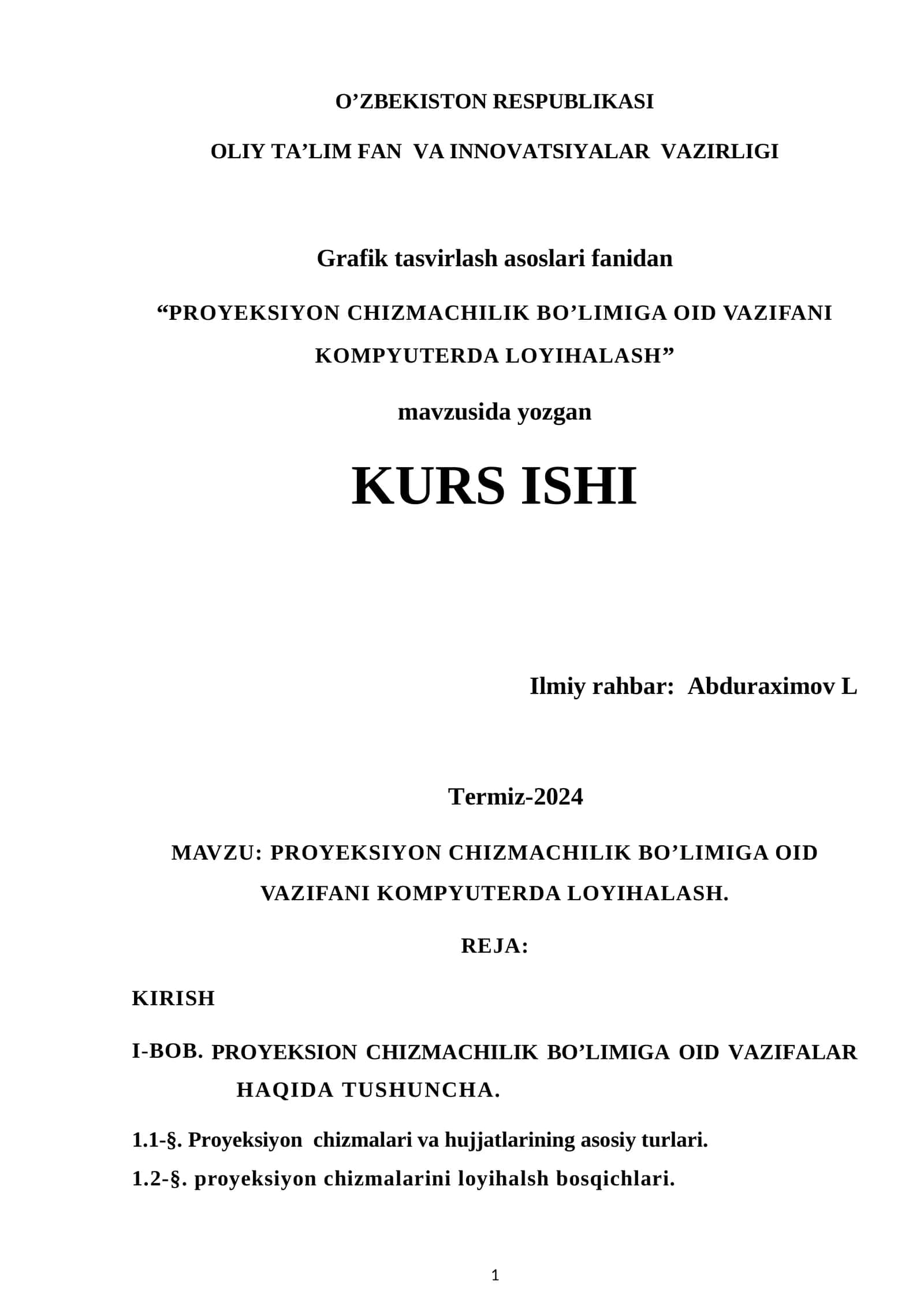 PROYEKSIYON CHIZMACHILIK BO’LIMIGA OID VAZIFANI KOMPYUTERDA LOYIHALASH 1