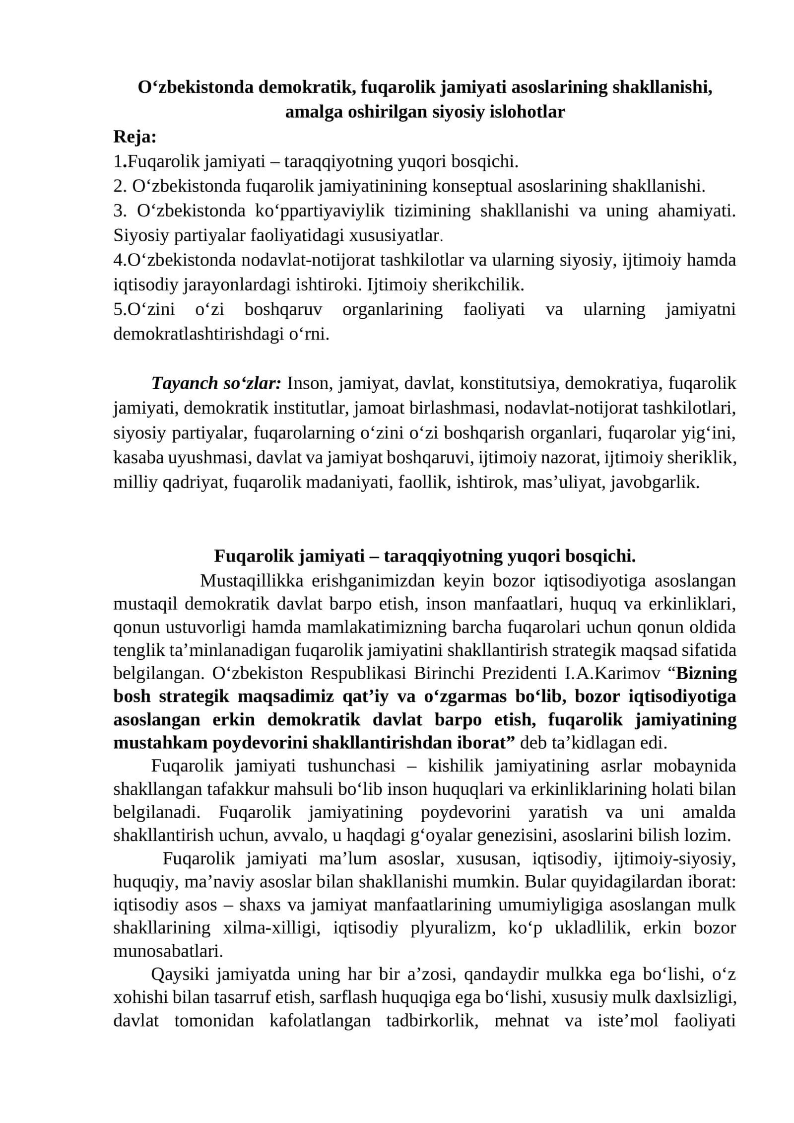 O‘zbekistonda demokratik, fuqarolik jamiyati asoslarining shakllanishi, amalga oshirilgan siyosiy islohotlar 1
