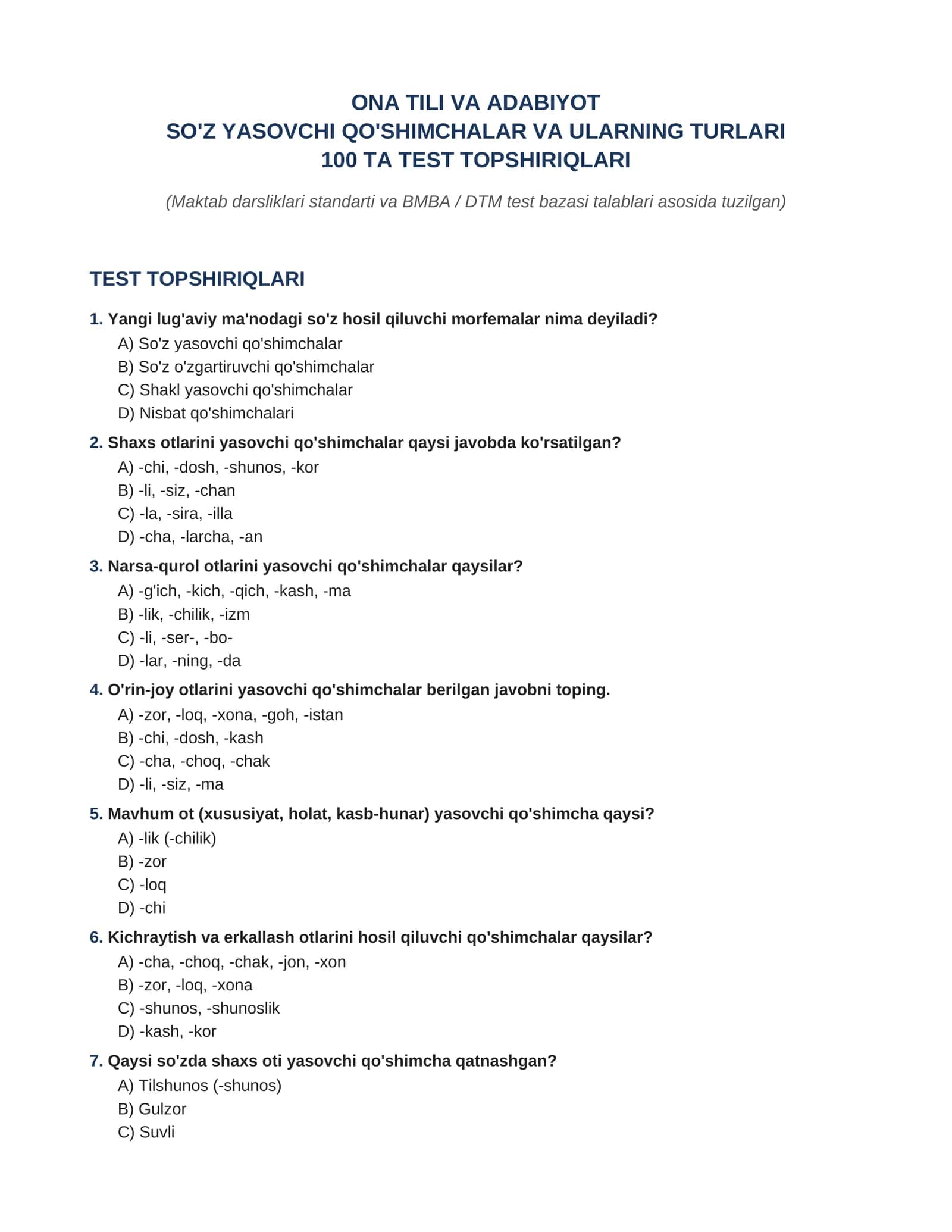 So'z yasovchi qoshimchalar 100 ta test javobi bilan(dtm va maktab darsliklari asosida) 1