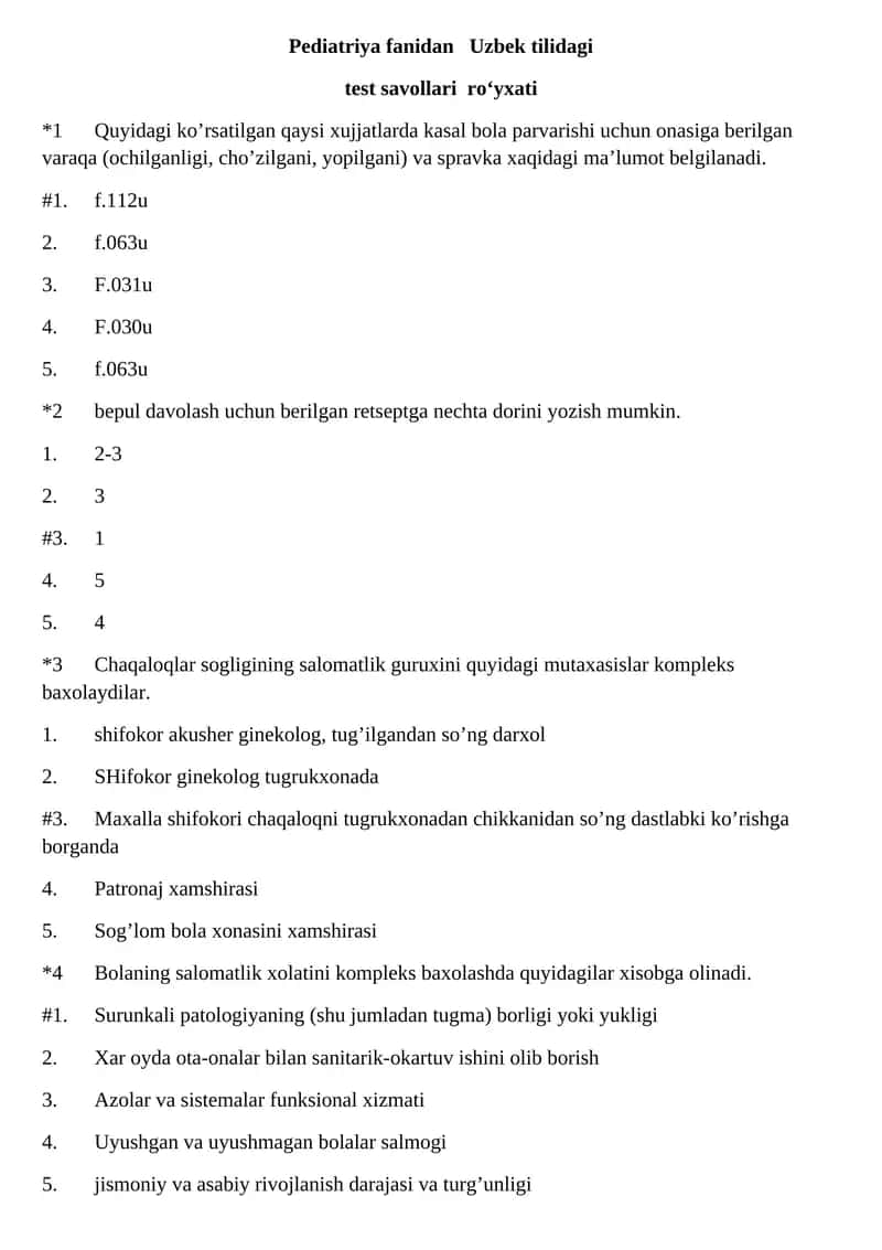 Pediatriya fanidan Uzbek tilidagi test savollari ro‘yxati 1