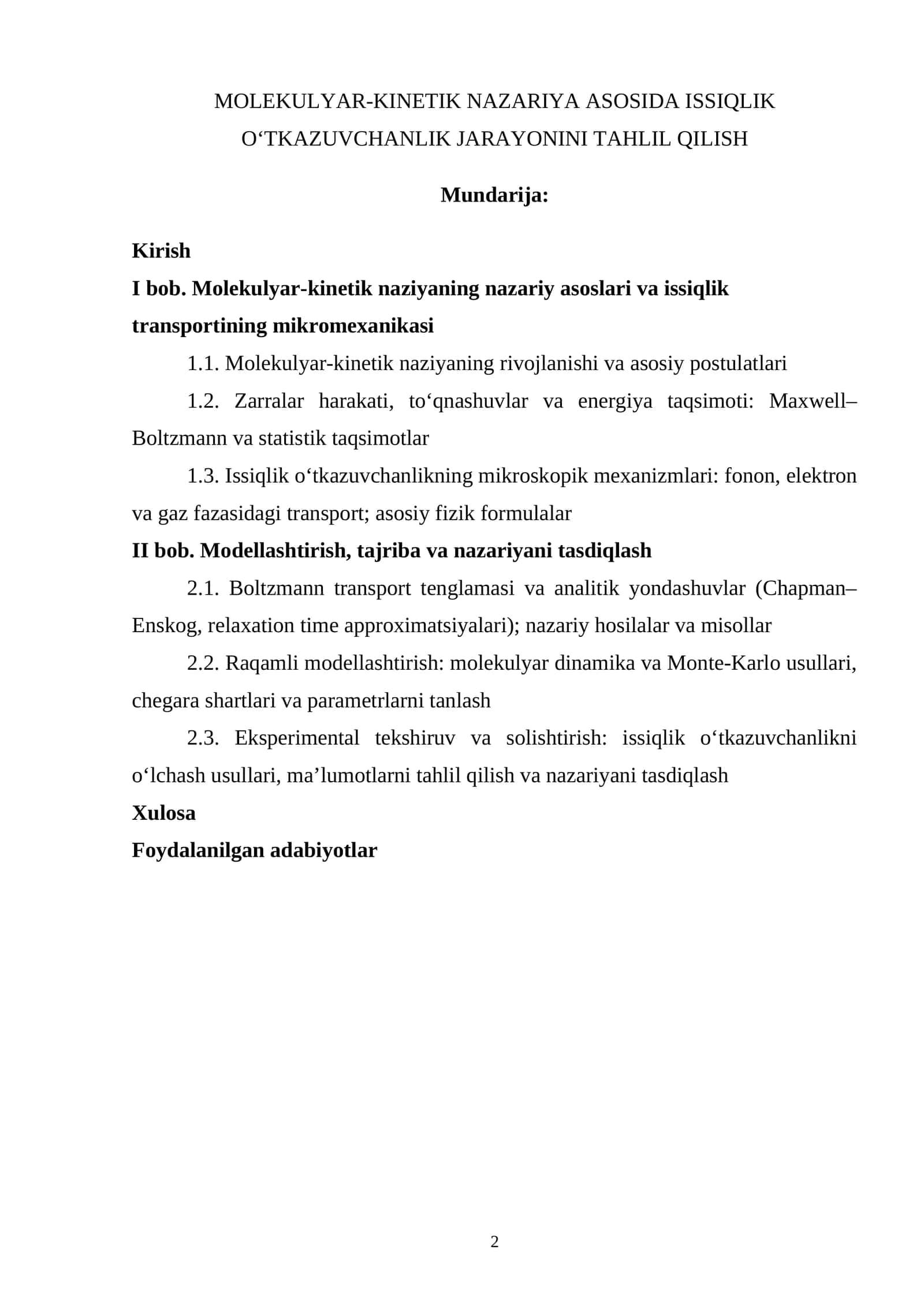 MOLEKULYAR-KINETIK NAZARIYA ASOSIDA ISSIQLIK O‘TKAZUVCHANLIK JARAYONINI TAHLIL QILISH 1