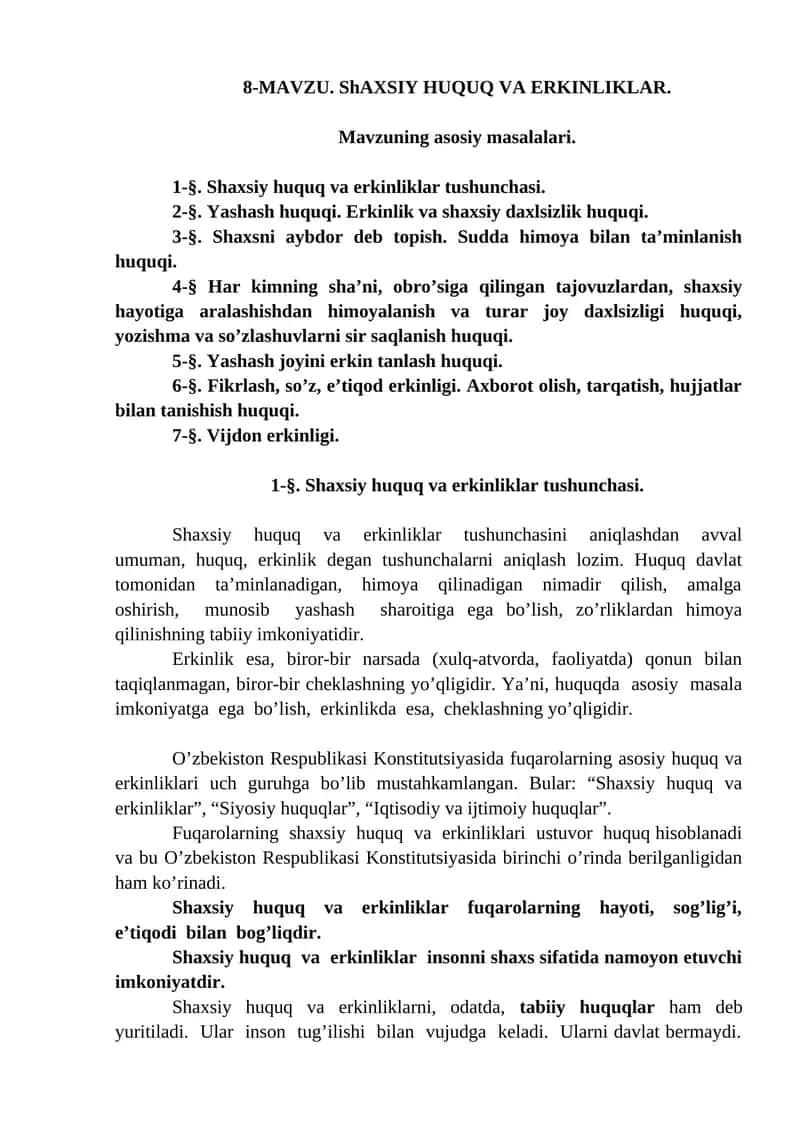 ShAXSIY HUQUQ VA ERKINLIKLAR 1