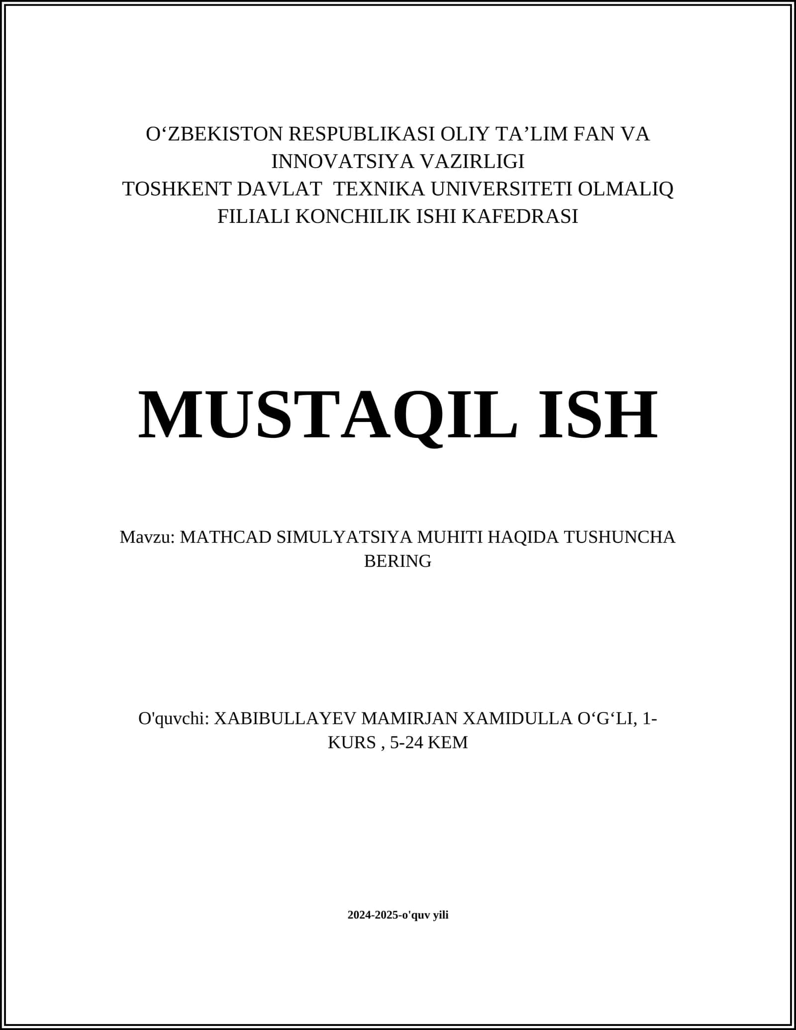 MATHCAD SIMULYATSIYA MUHITI HAQIDA TUSHUNCHA BERING 1