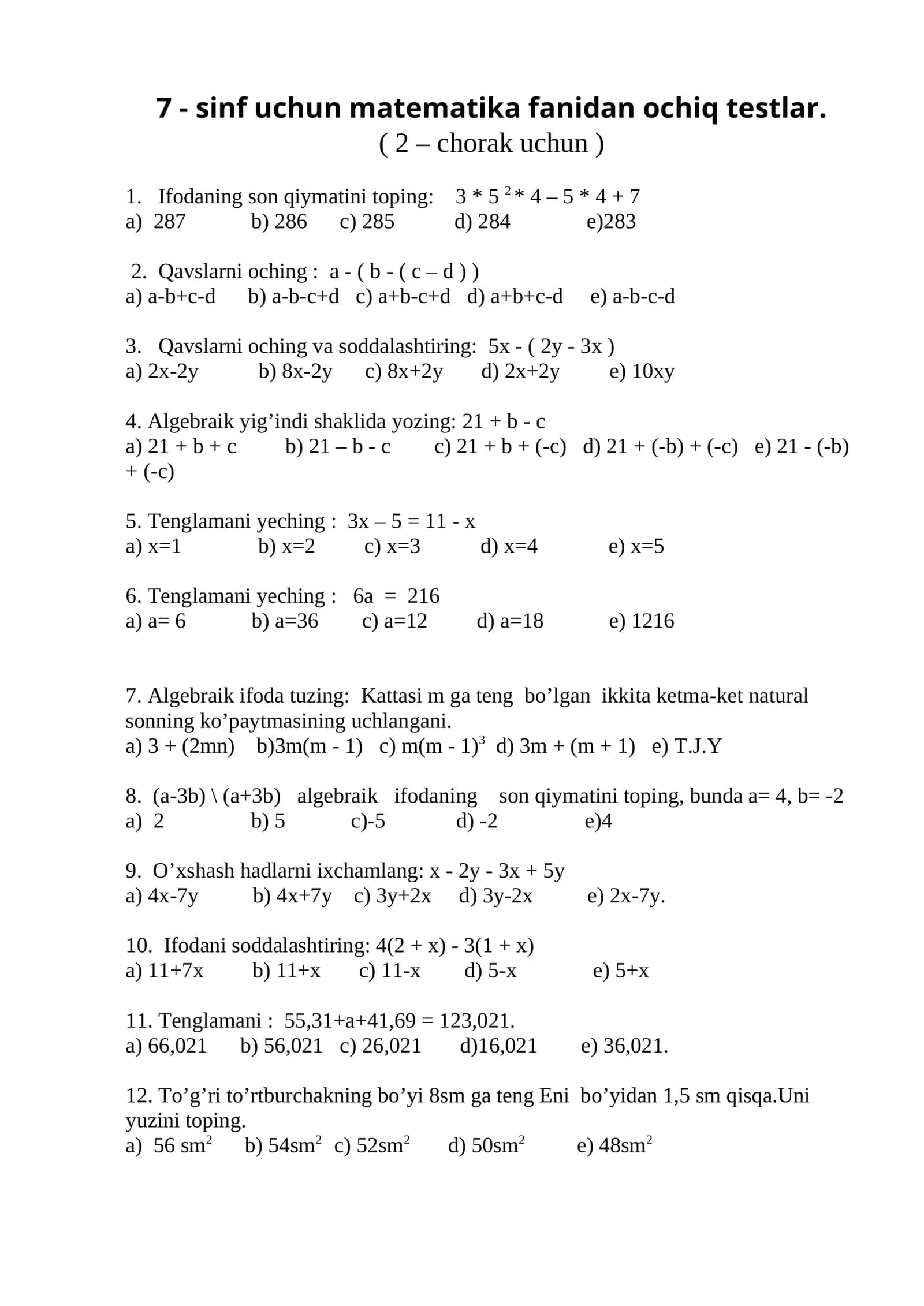 7 - sinf uchun matematika fanidan ochiq testlar 1