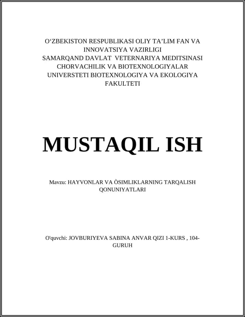 HAYVONLAR VA ÒSIMLIKLARNING TARQALISH QONUNIYATLARI 1