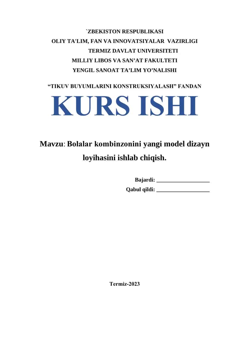 Bolalar kombinzonini yangi model dizayn loyihasini ishlab chiqish. 1