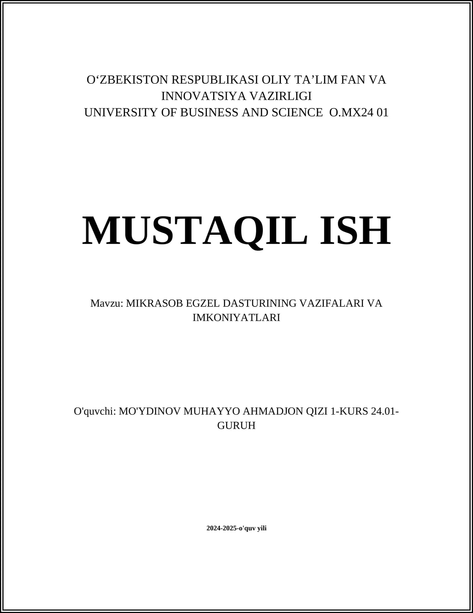 MIKRASOB EGZEL DASTURINING VAZIFALARI VA IMKONIYATLARI 1