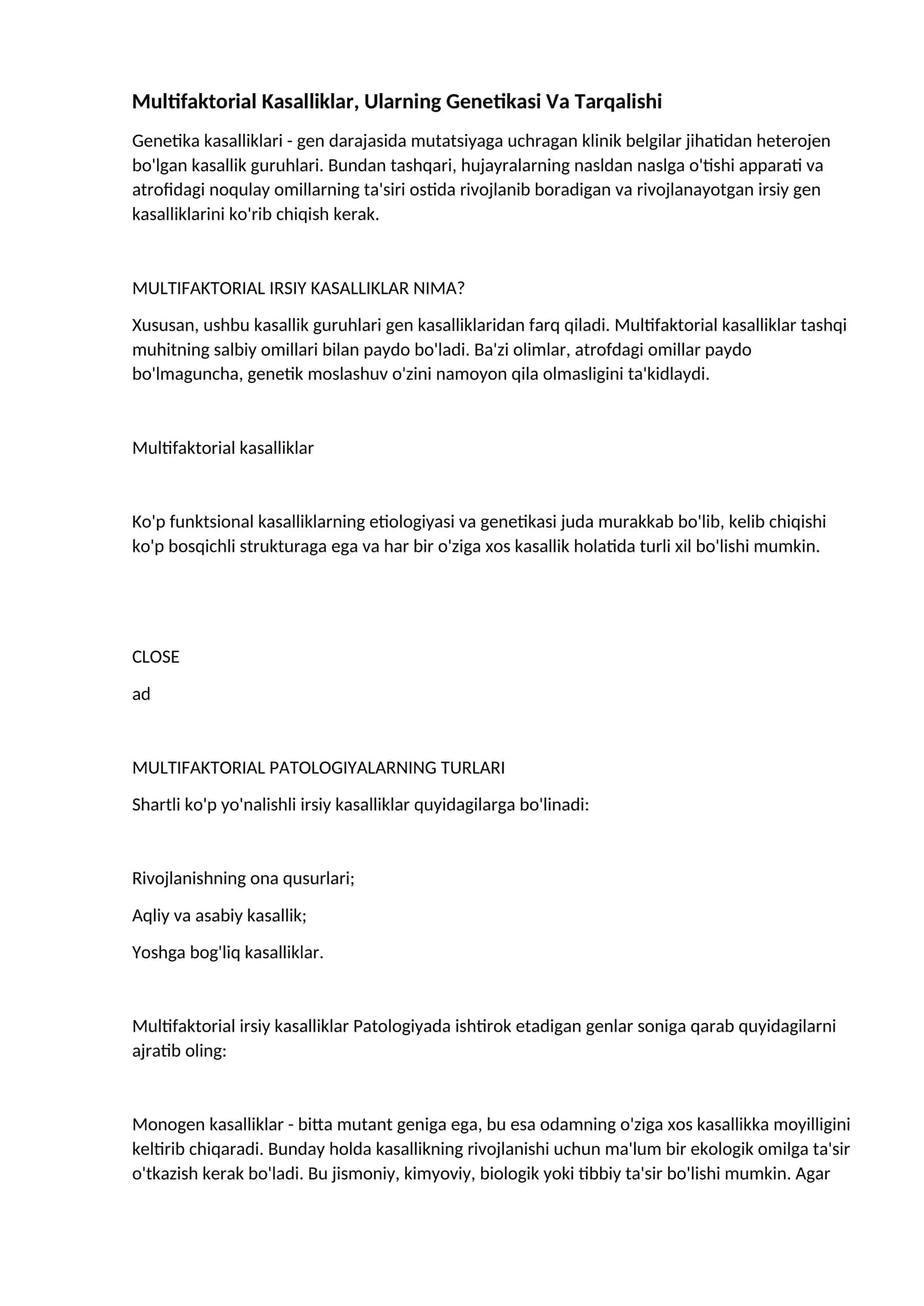 Multifaktorial Kasalliklar, Ularning Genetikasi Va Tarqalishi 1