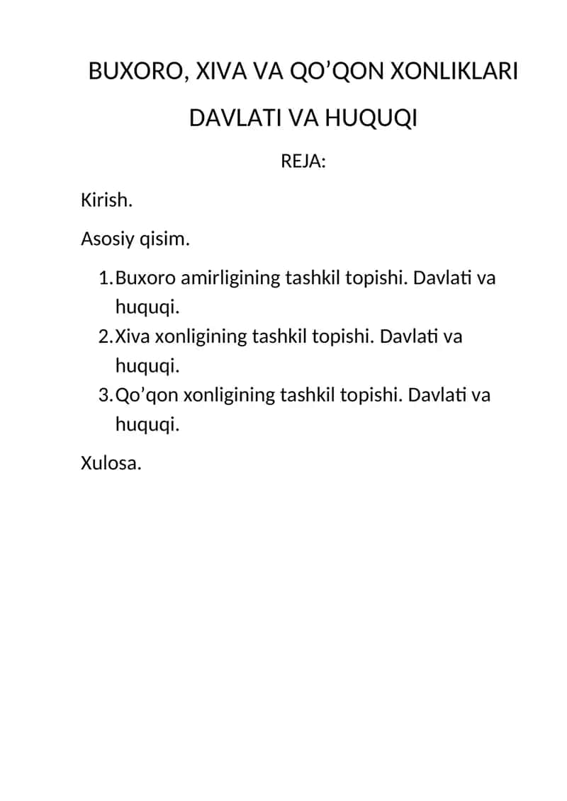 BUXORO, XIVA VA QO’QON XONLIKLARI DAVLATI VA HUQUQI 1