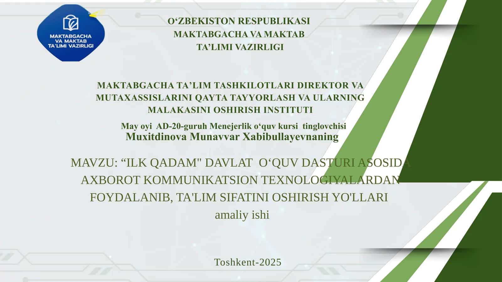 "ILK QADAM" DAVLAT O'QUV DASTURI 1