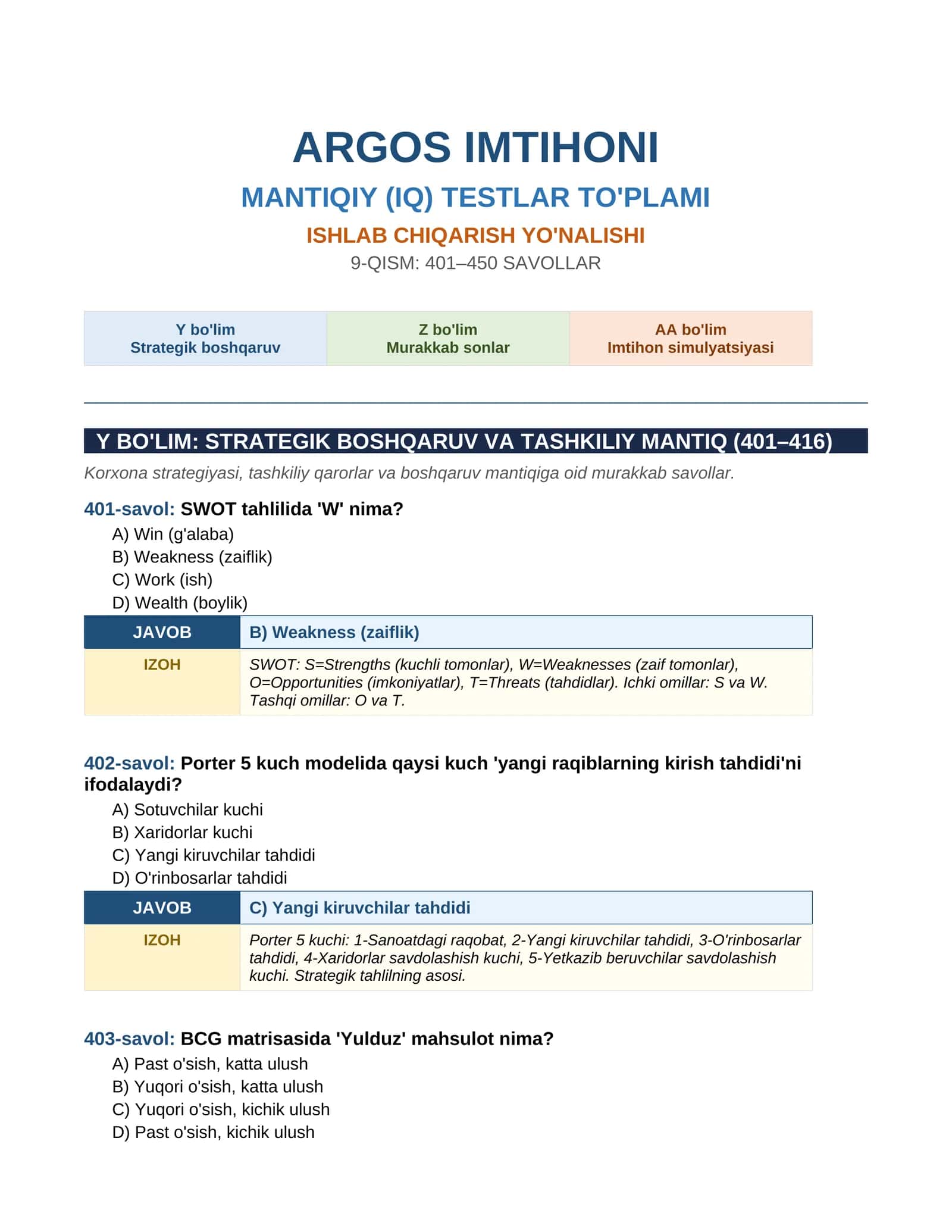 ARGOS IMTIHONI MANTIQIY (IQ) TESTLAR TO'PLAMI 1